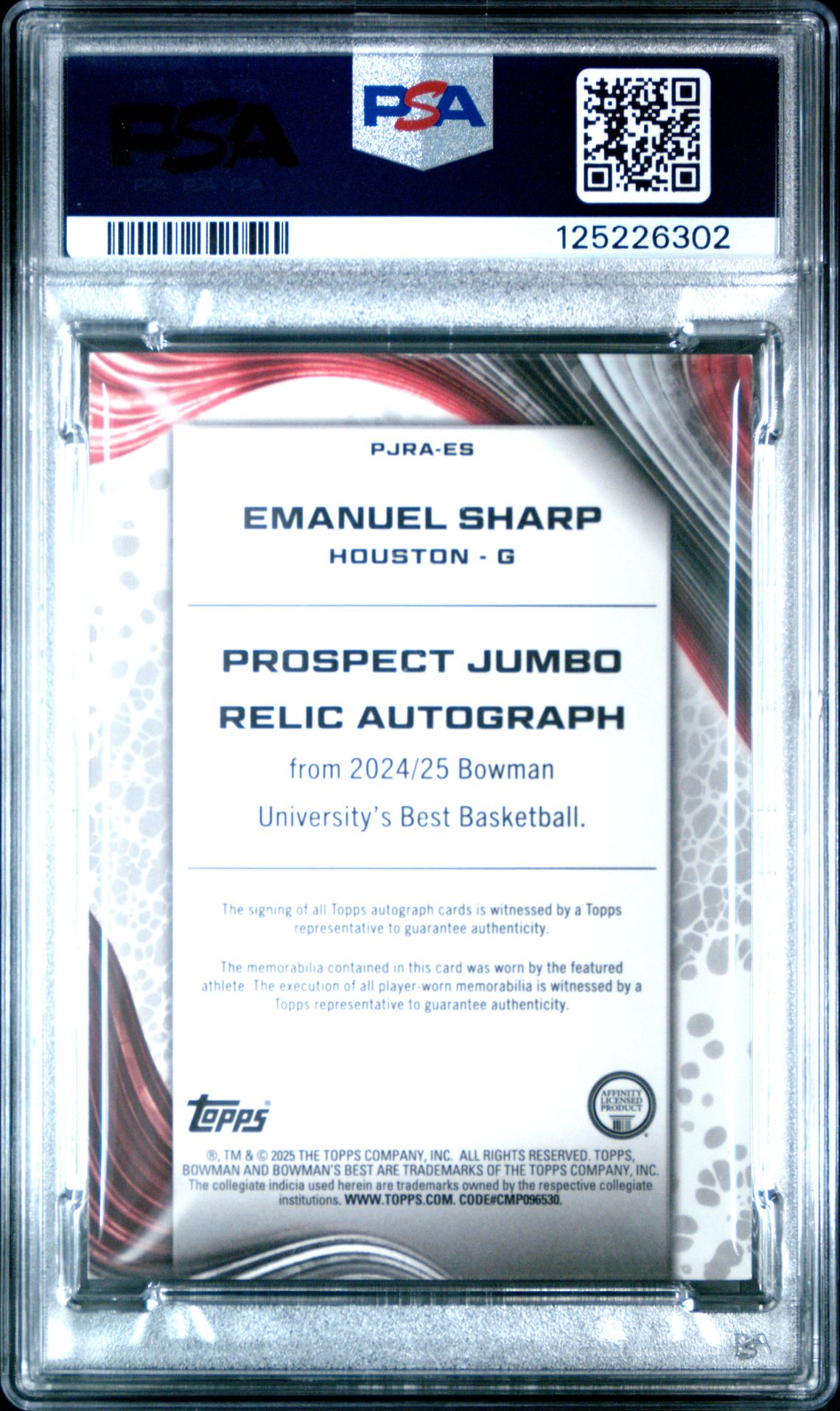 2024 Bowman University Best Prospect Jumbo Relic Autographs Emanuel Sharp #Pjraes (Pros Jmb Rl Au-Yellow Lazer) Mint 9 back