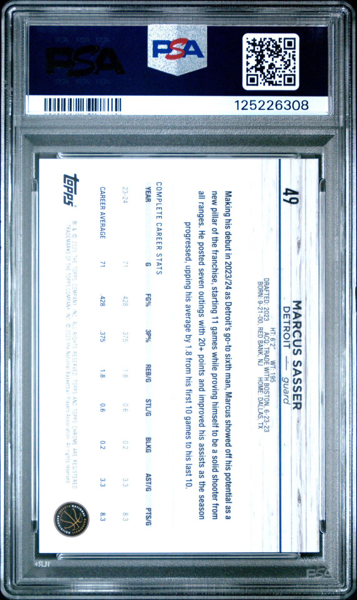 2024 Topps Chrome Marcus Sasser #49 (Orange Geometric) Mint 9 back