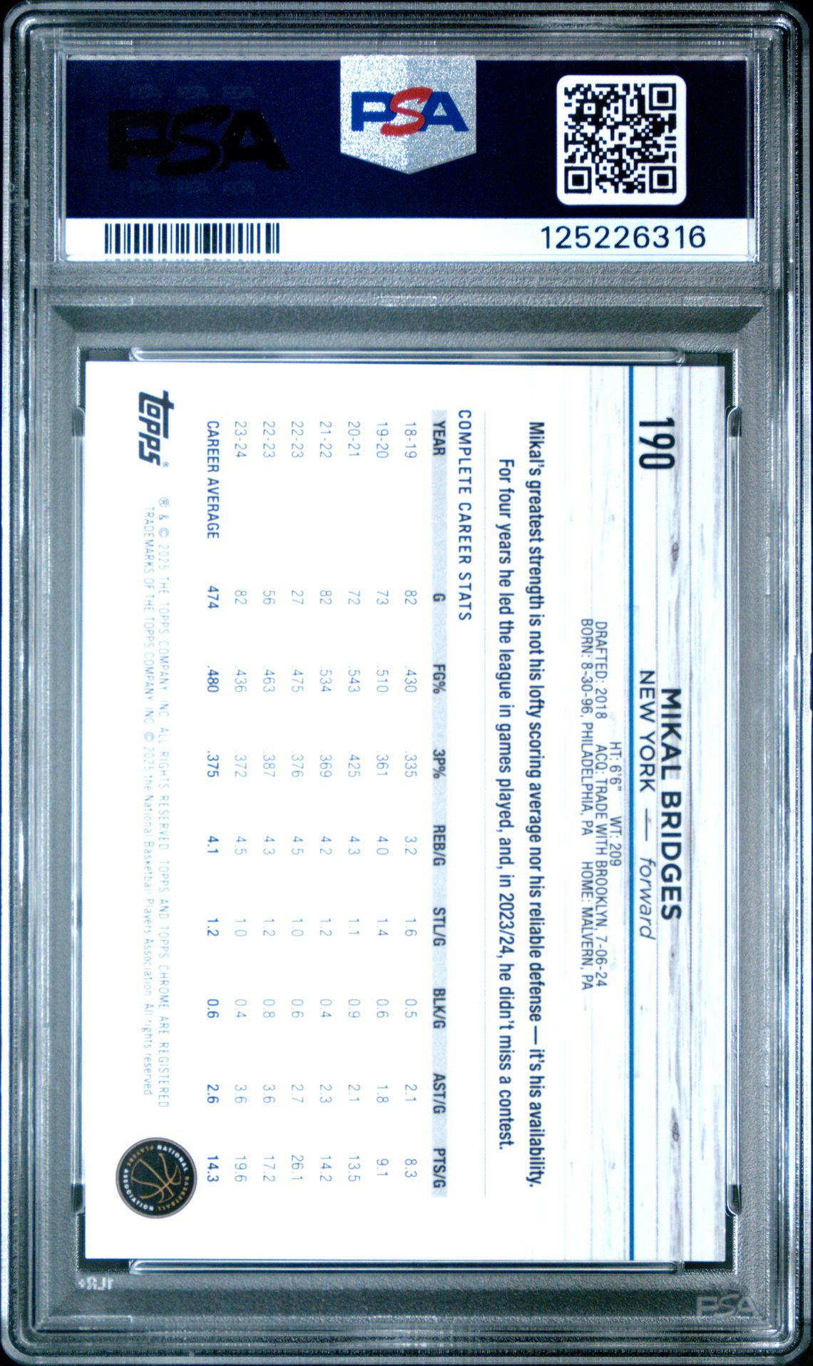 2024 Topps Chrome Mikal Bridges #190 (White Geometric) Nm-Mt 8 back