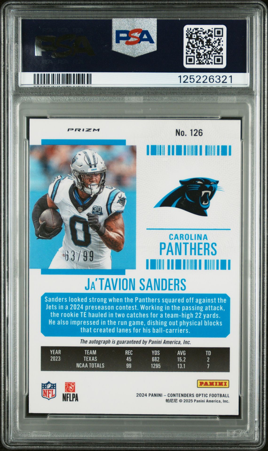 2024 Panini Contenders Optic Ja'tavion Sanders #126 (Autograph-Teal) Mint 9 back