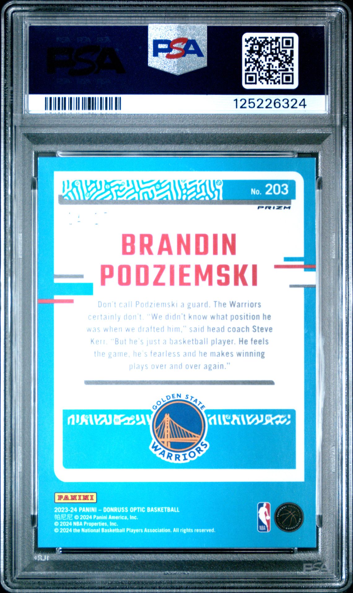 2023 Panini Donruss Optic Brandin Podziemski #203 (Purple Stars Fotl) Gem Mt 10 back
