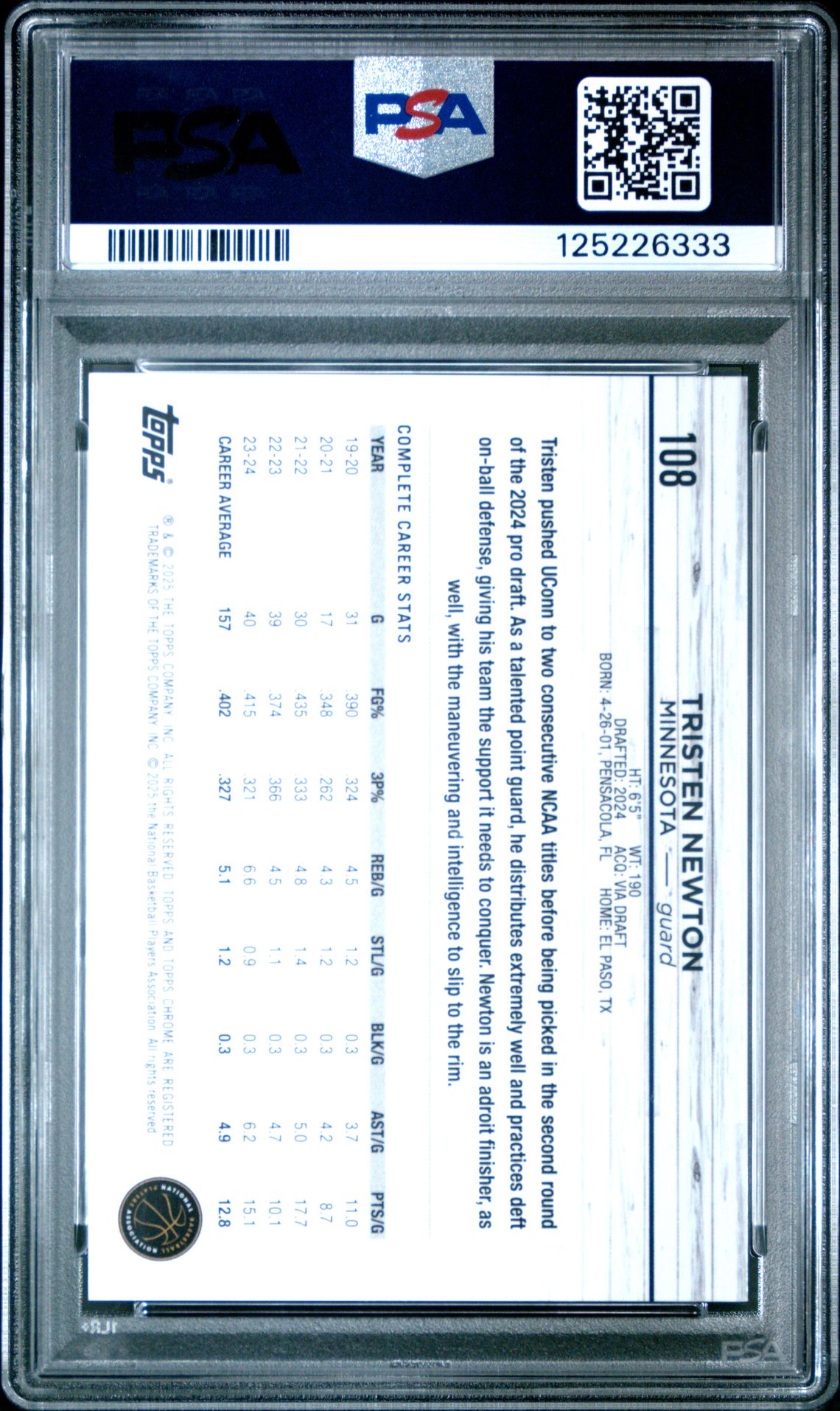 2024 Topps Chrome Tristen Newton #108 (White Geometric) Gem Mt 10 back