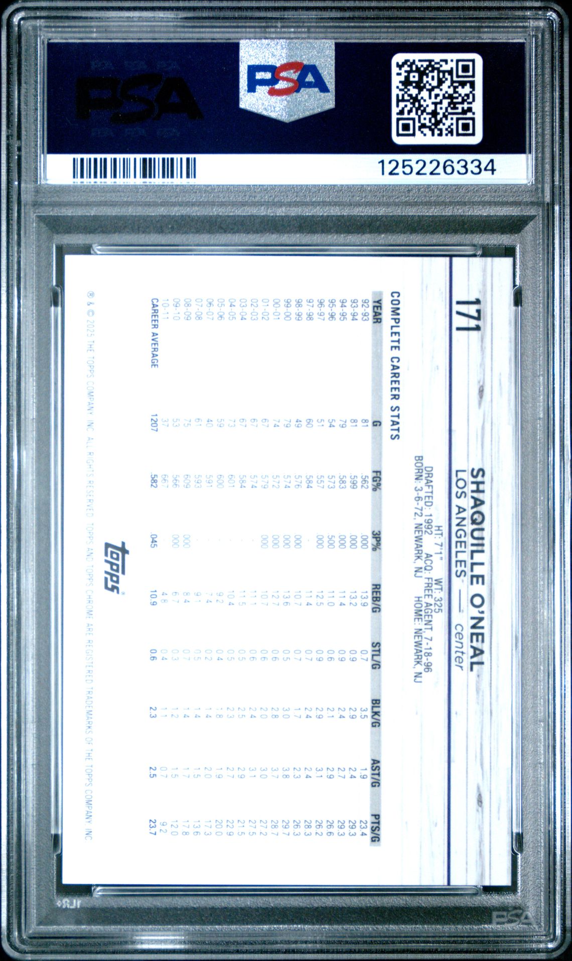 2024 Topps Chrome Shaquille O'neal #171 (Gold Geometric) Gem Mt 10 back