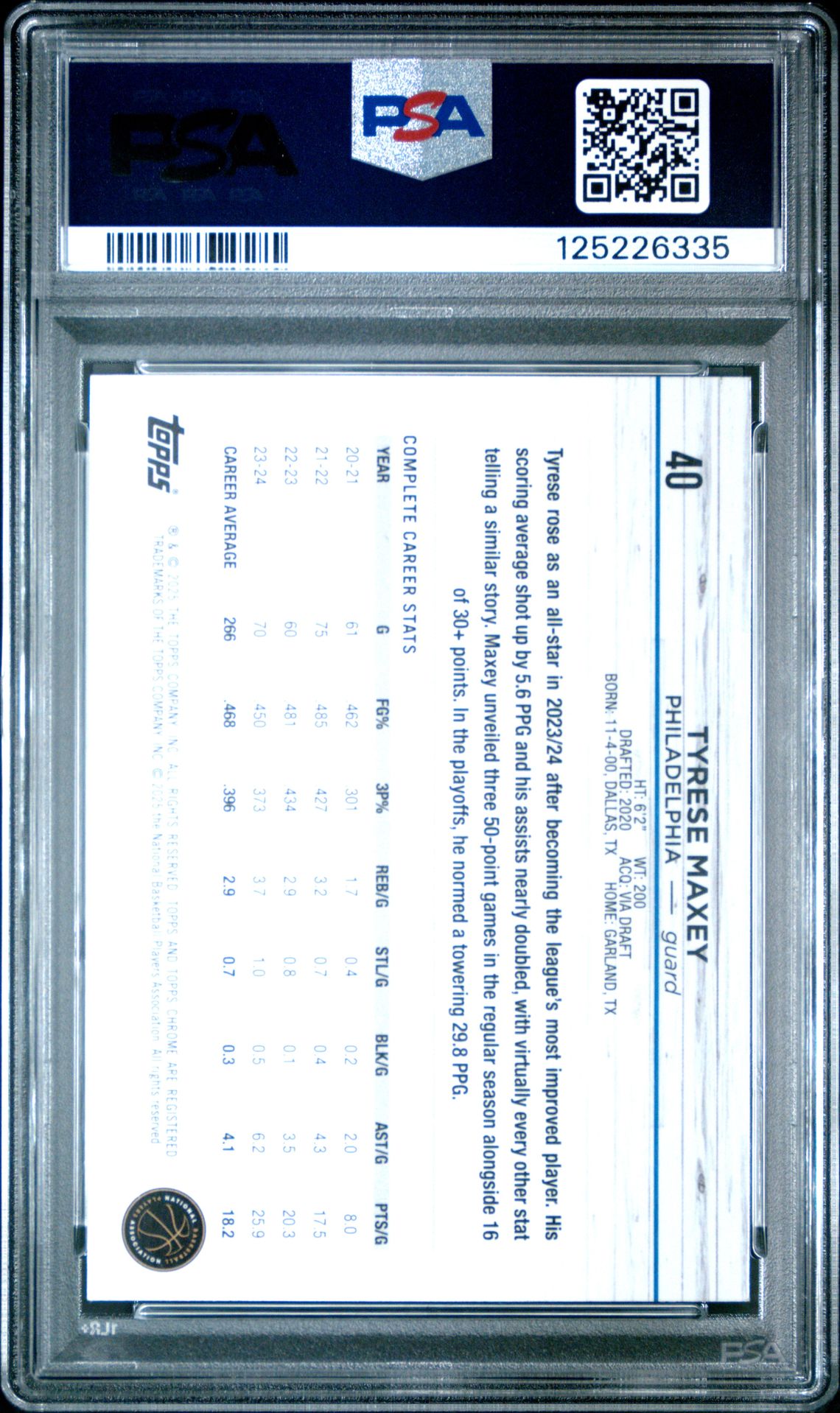 2024 Topps Chrome Tyrese Maxey #40 (Green Geometric) Gem Mt 10 back