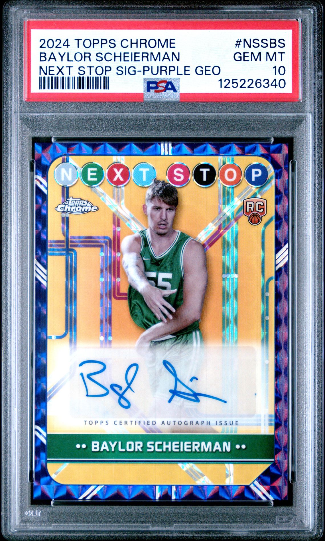 2024 Topps Chrome Next Stop Signatures Baylor Scheierman #Nssbs (Next Stop Sig-Purple Geo) Gem Mt 10 front