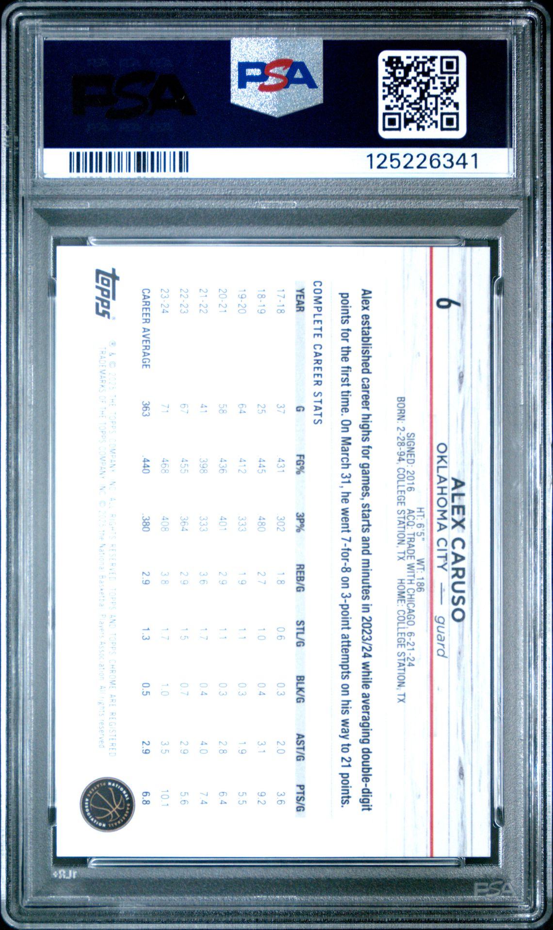 2024 Topps Chrome Alex Caruso #6 (Gold Geometric) Gem Mt 10 back