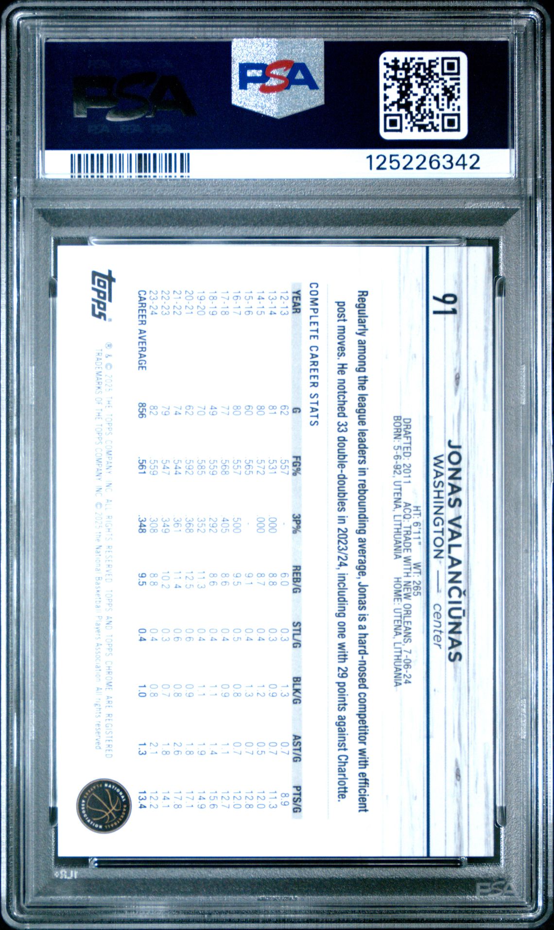 2024 Topps Chrome Jonas Valanciunas #91 (Black Geometric) Gem Mt 10 back