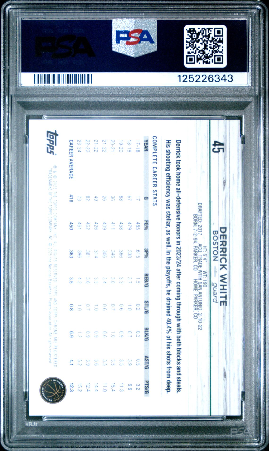 2024 Topps Chrome Derrick White #45 (Orange Geometric) Gem Mt 10 back