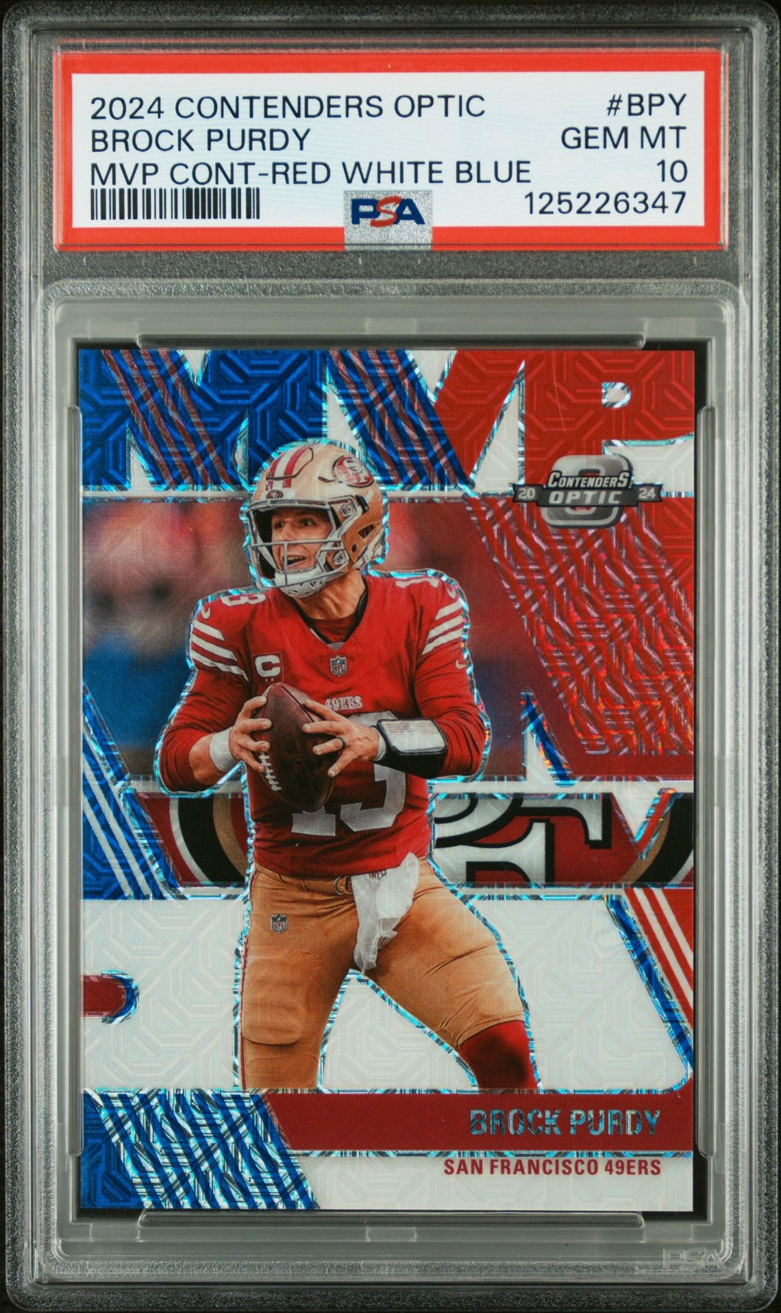 2024 Panini Contenders Optic Mvp Contenders Brock Purdy #Bpy (Mvp Cont-Red White Blue) Gem Mt 10 front