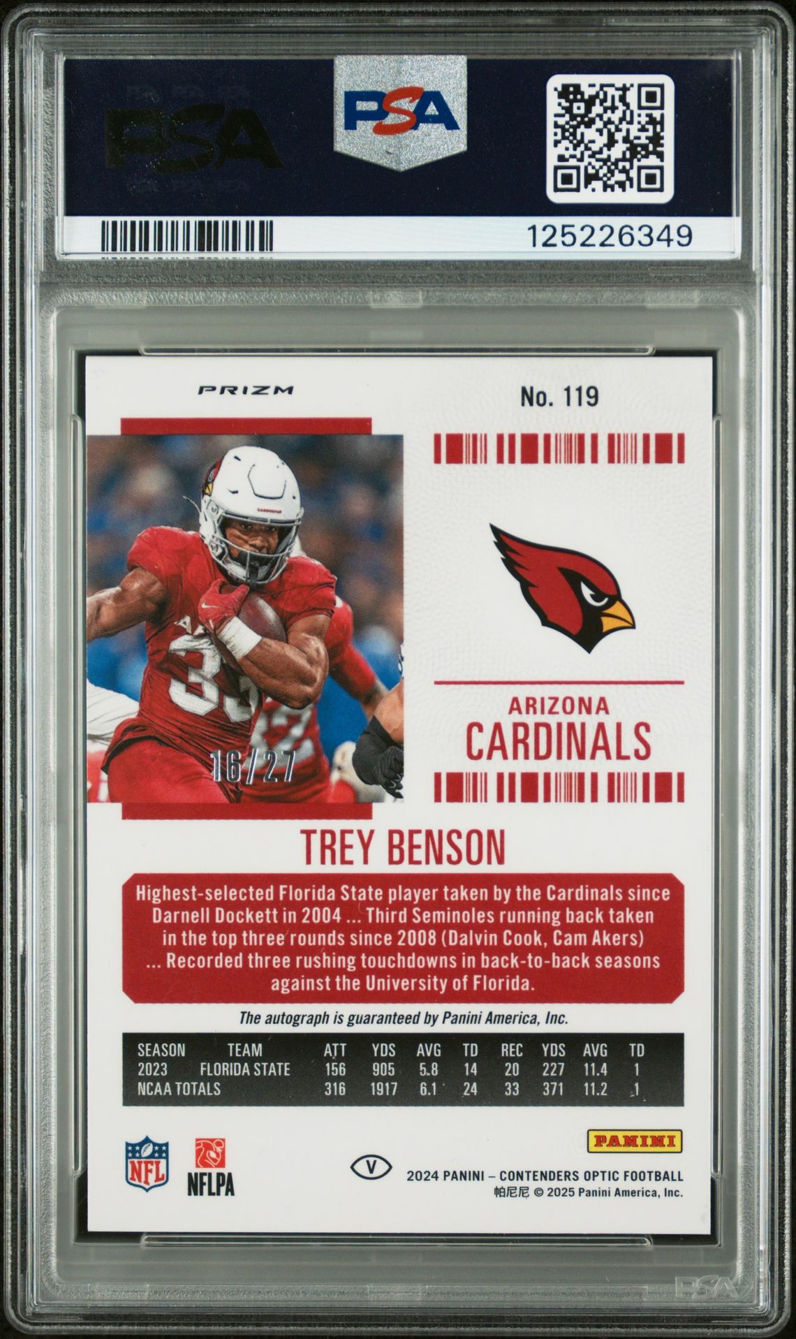 2024 Panini Contenders Optic Trey Benson #119 (Var-Auto-Purple Pulsar) Gem Mt 10 back