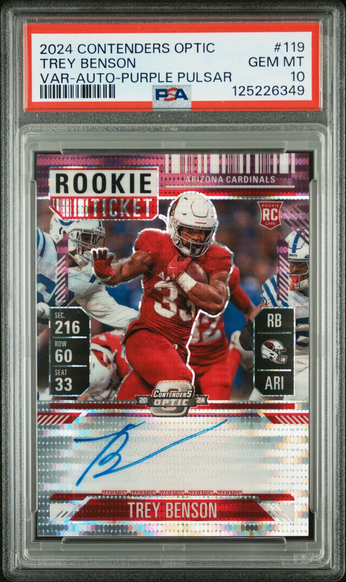 2024 Panini Contenders Optic Trey Benson #119 (Var-Auto-Purple Pulsar) Gem Mt 10 front