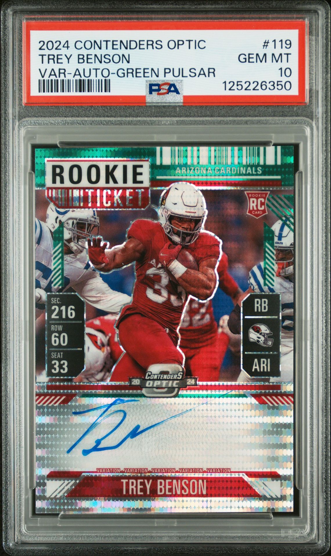 2024 Panini Contenders Optic Trey Benson #119 (Var-Auto-Green Pulsar) Gem Mt 10 front