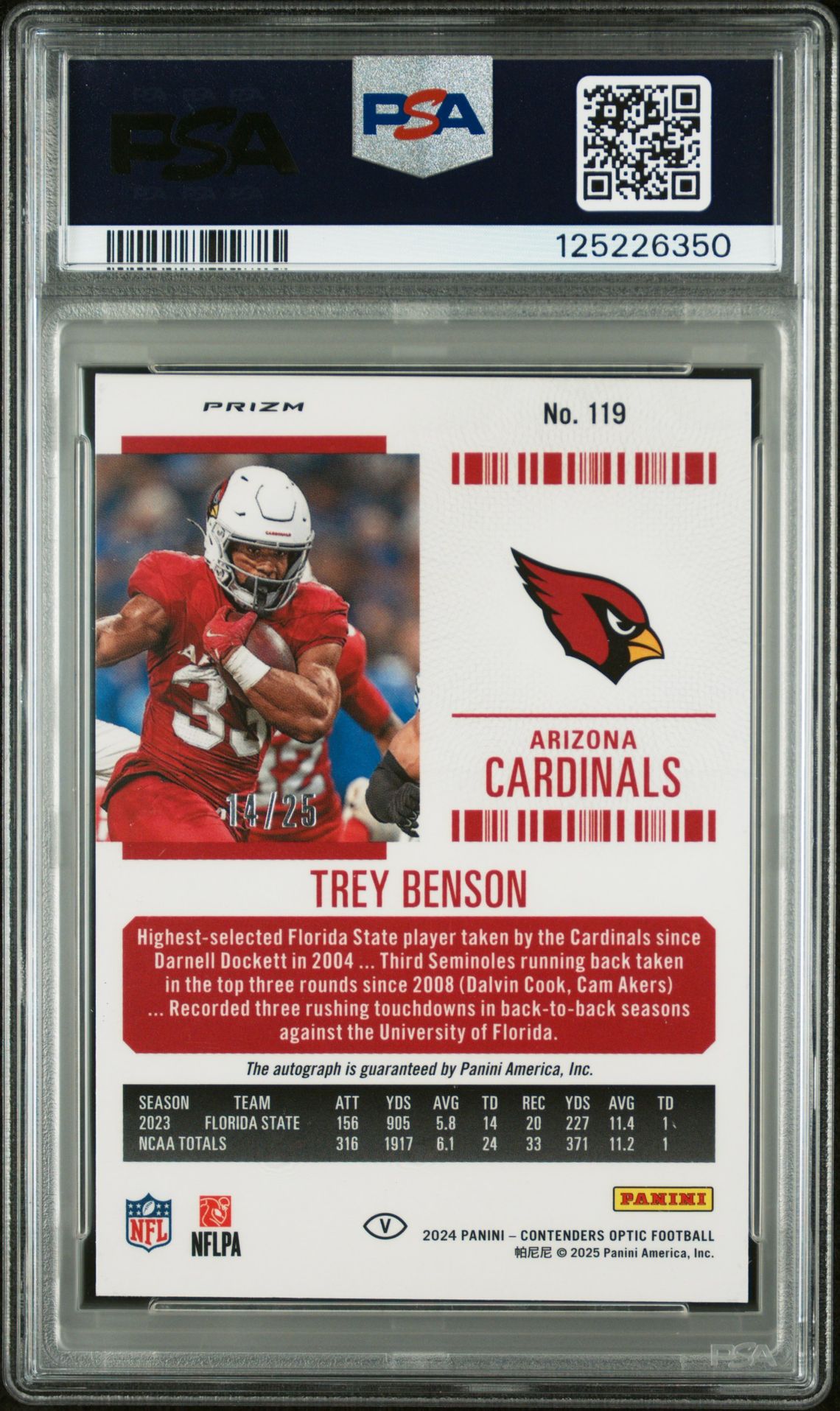 2024 Panini Contenders Optic Trey Benson #119 (Var-Auto-Green Pulsar) Gem Mt 10 back