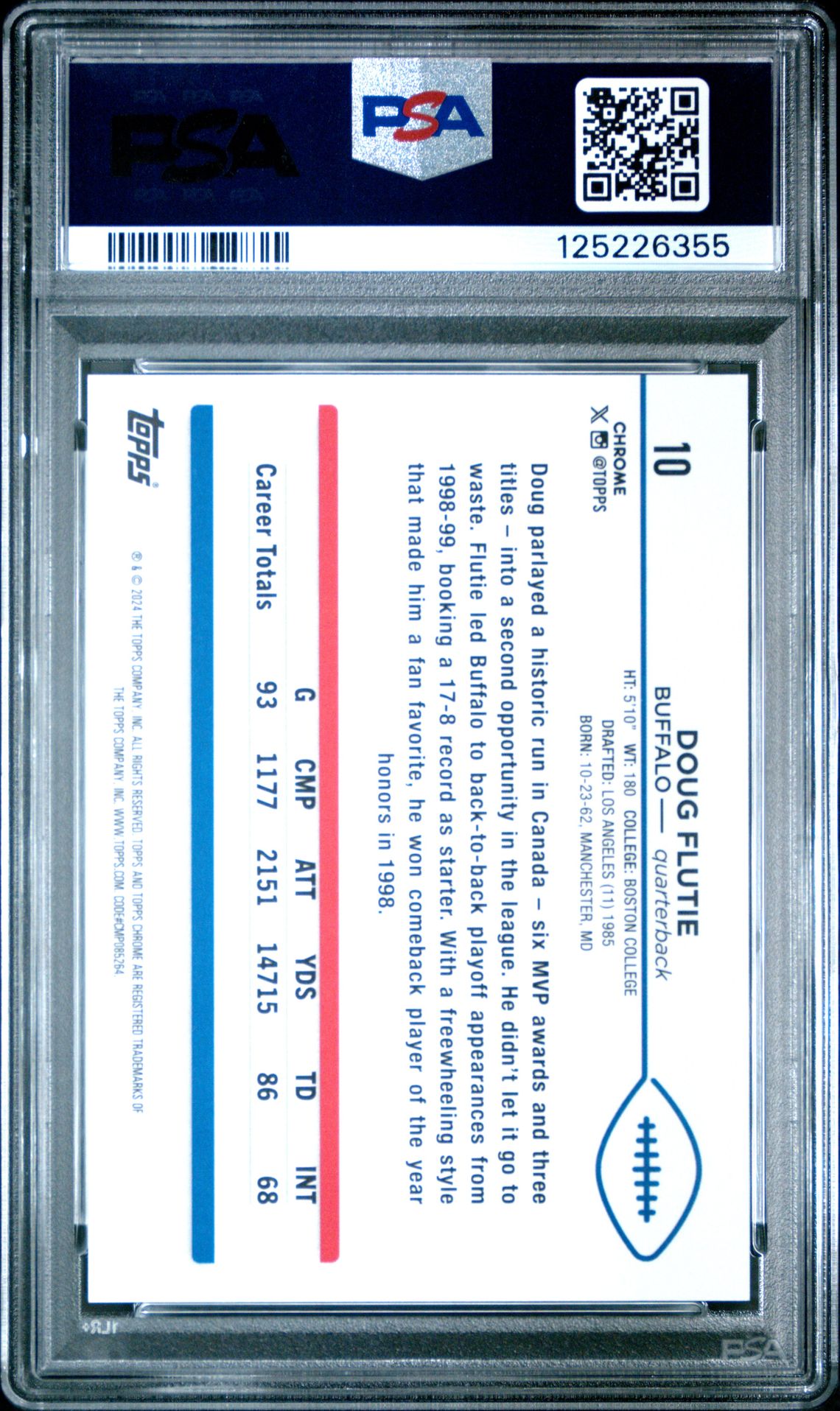 2024 Topps Chrome Sapphire Doug Flutie #10 (Gold) Mint 9 back