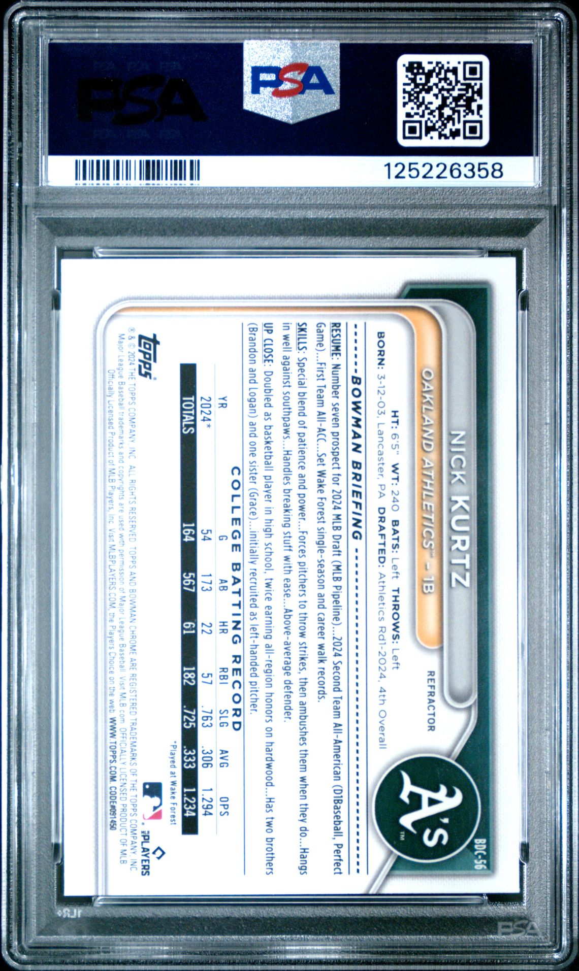 2024 Bowman Draft Nick Kurtz #Bdc56 (Chrome-Refractor) Mint 9 back