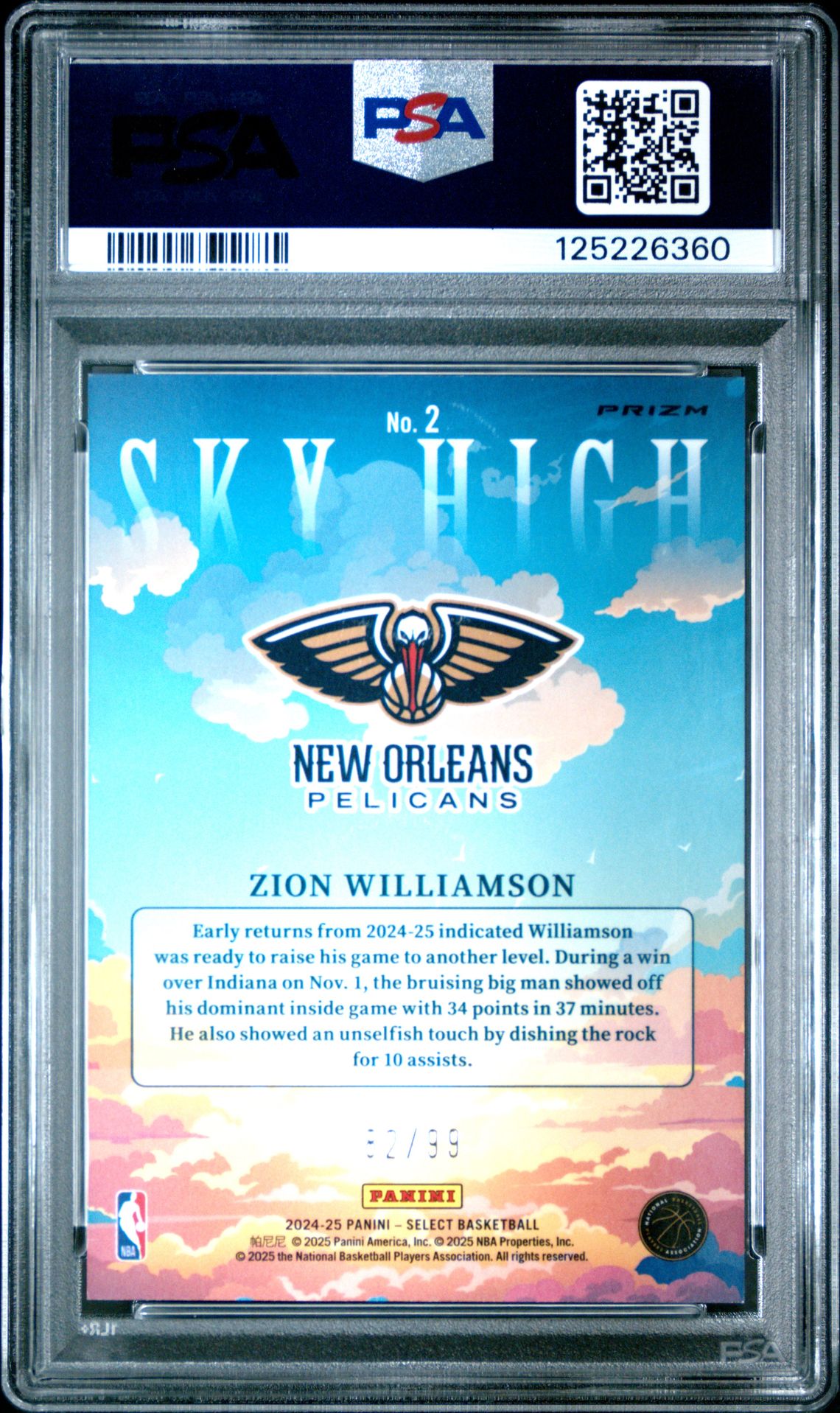 2024 Panini Select Sky High Zion Williamson #2 (Sky High-Red Prizm) Mint 9 back