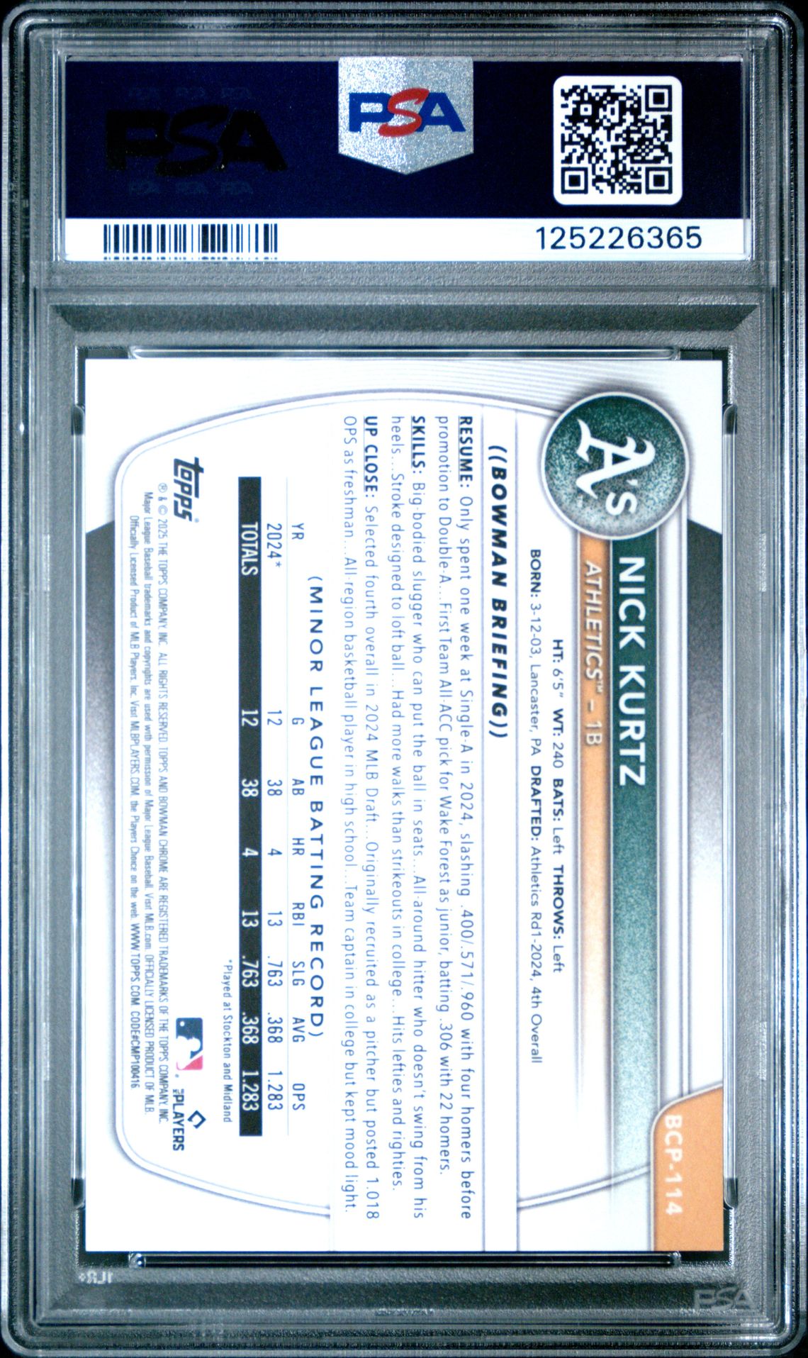 2025 Bowman Chrome Prospects Nick Kurtz #Bcp114 (Chr Pros-Purple Geometric) Gem Mt 10 back