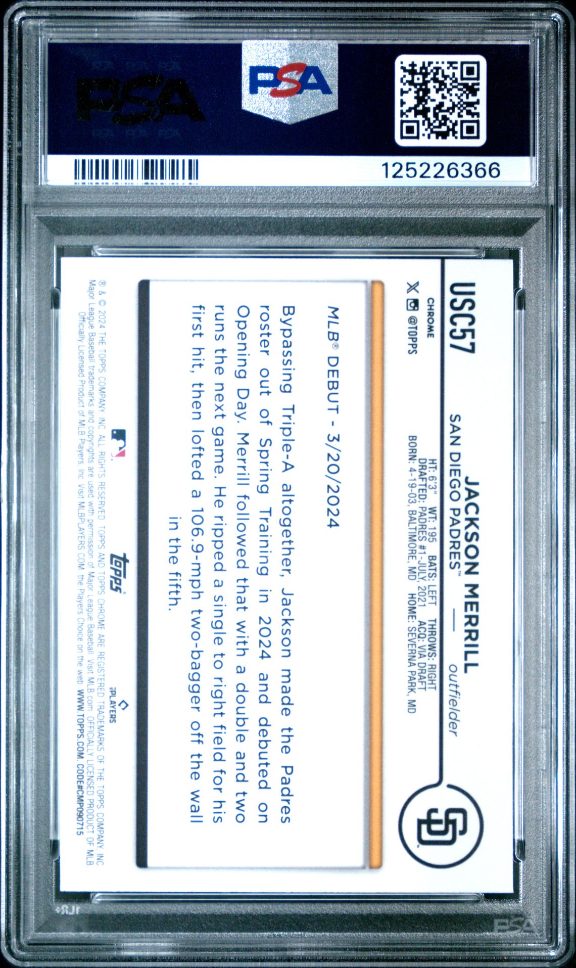 2024 Topps Chrome Update Jackson Merrill #Usc57 (X-Fractor) Gem Mt 10 back