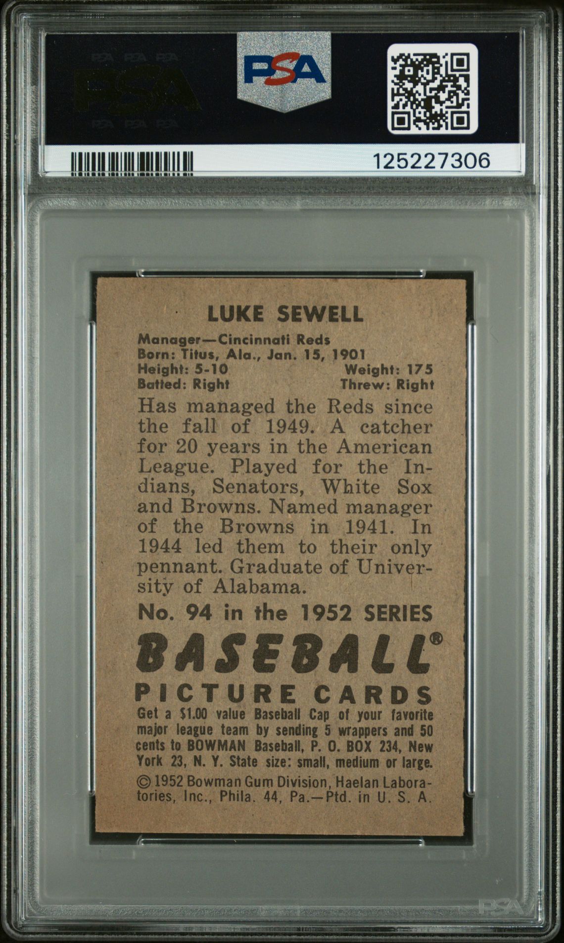 1952 Bowman Luke Sewell #94 Ex 5 back