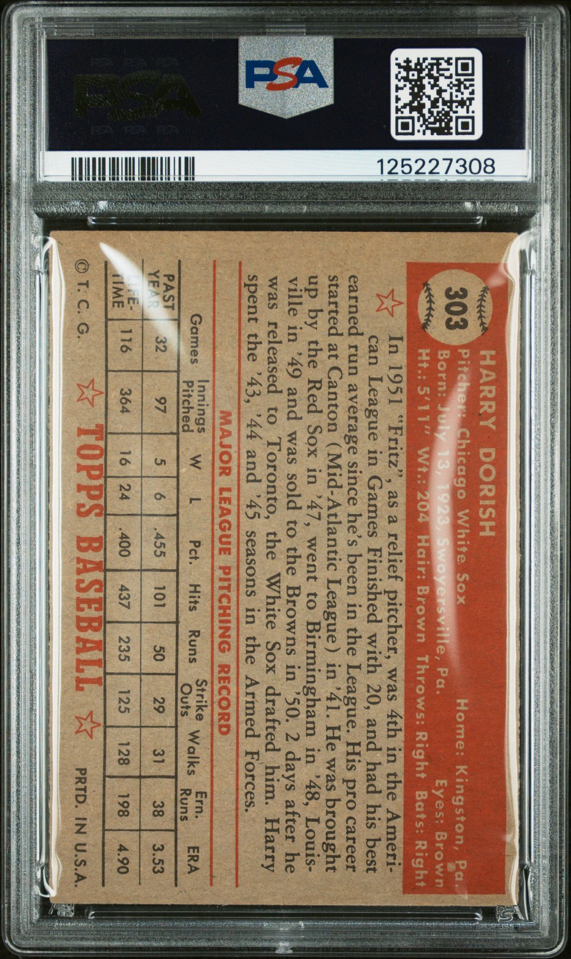 1952 Topps Harry Dorish #303 Vg-Ex 4 back