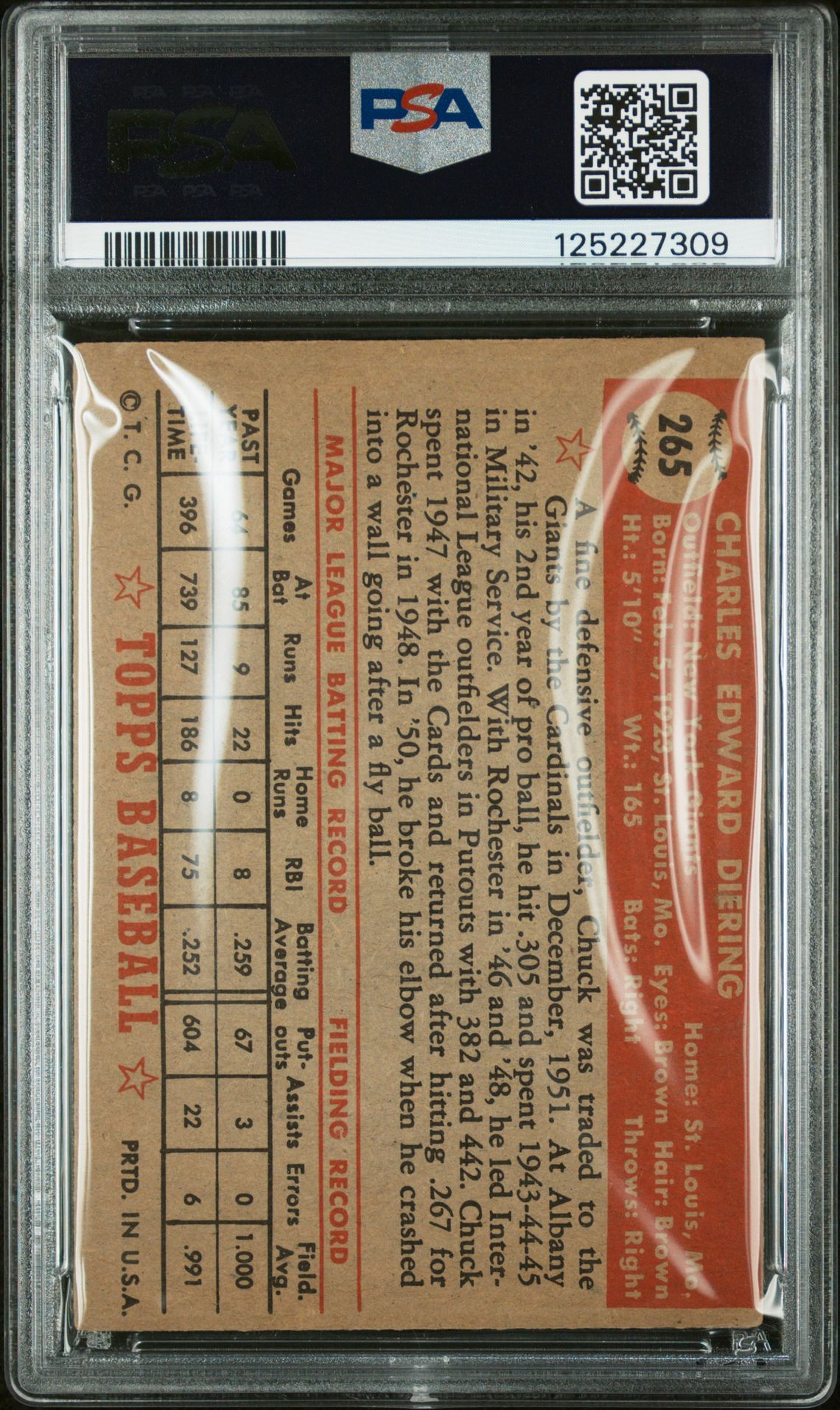 1952 Topps Chuck Diering #265 Vg-Ex 4 back