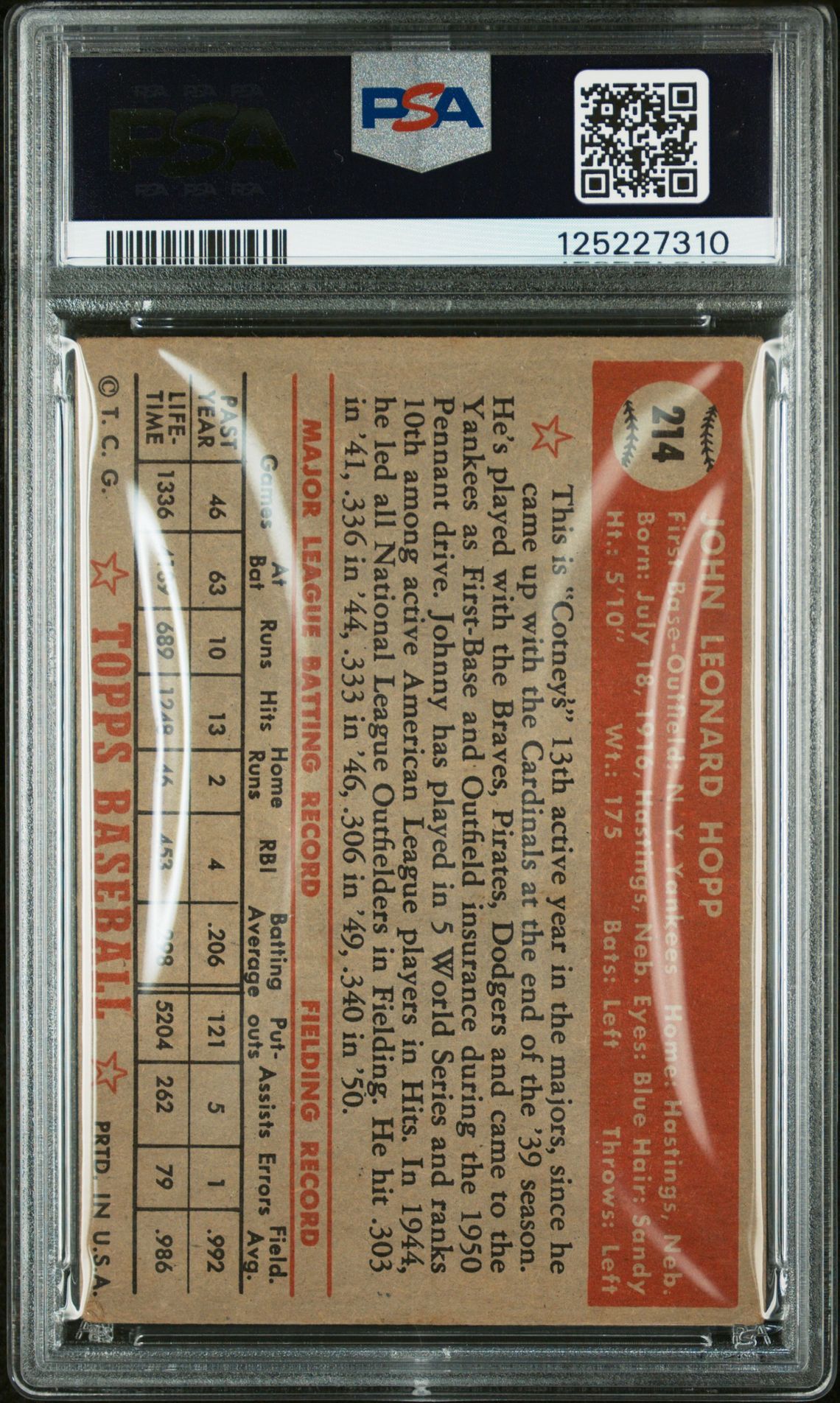 1952 Topps Johnny Hopp #214 Good 2 back