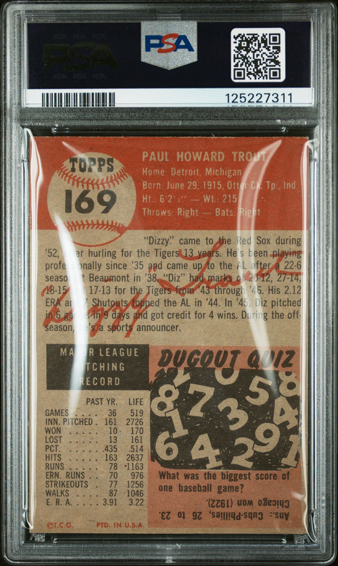 1953 Topps Dizzy Trout #169 Ex 5 back