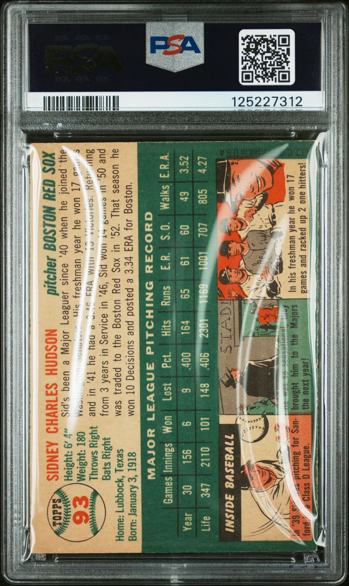 1954 Topps Sid Hudson #93 Ex-Mt 6 back