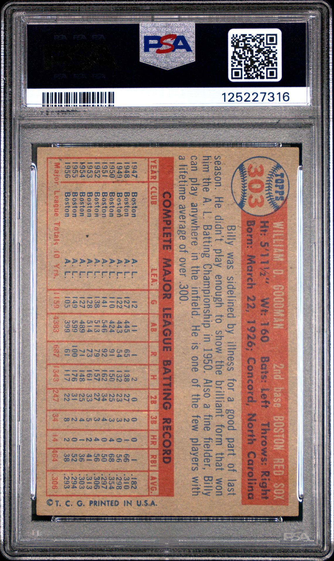 1957 Topps Billy Goodman #303 Ex-Mt 6 back