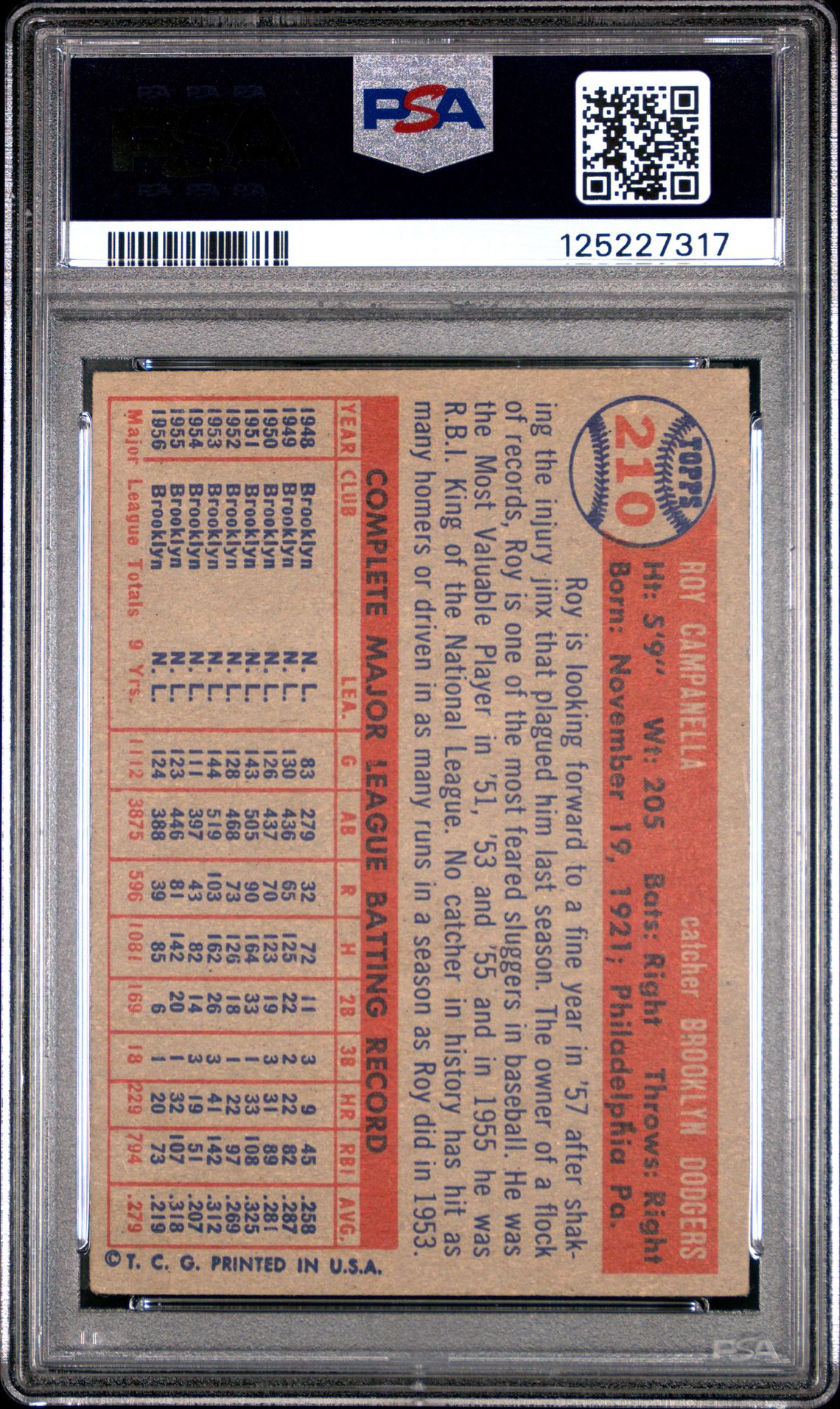 1957 Topps Roy Campanella #210 Good 2 back