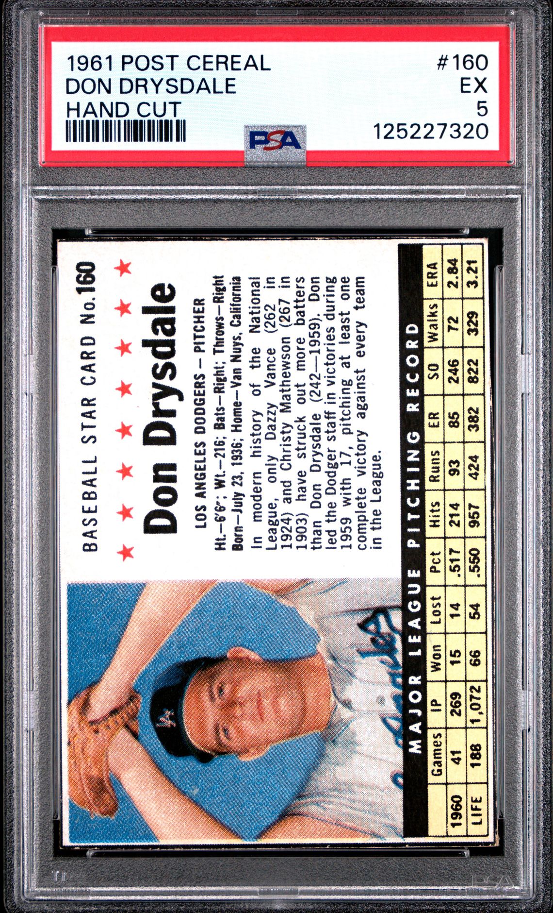 1961 Post Cereal Don Drysdale #160 (Hand Cut) Ex 5 front