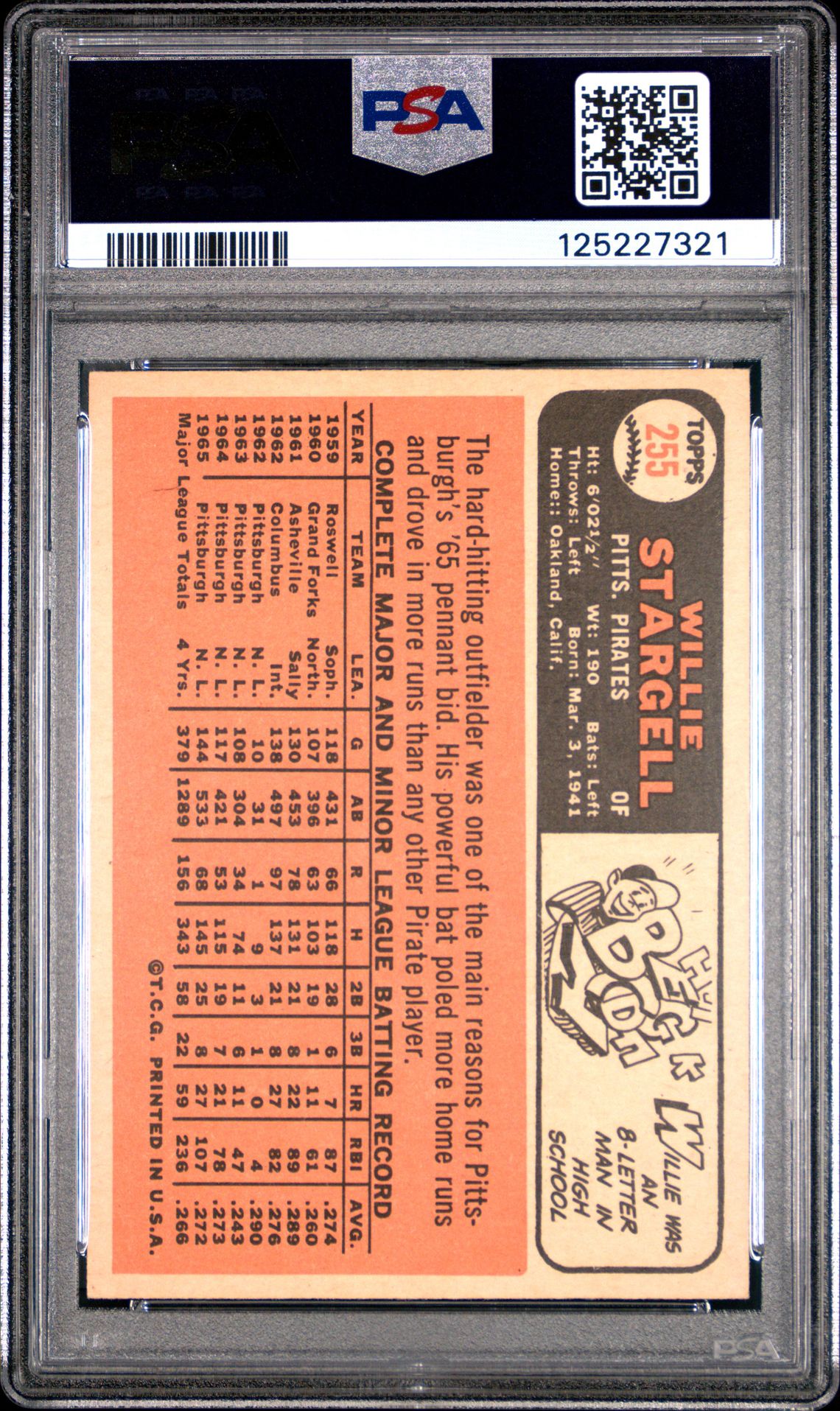 1966 Topps Willie Stargell #255 Vg-Ex 4 back