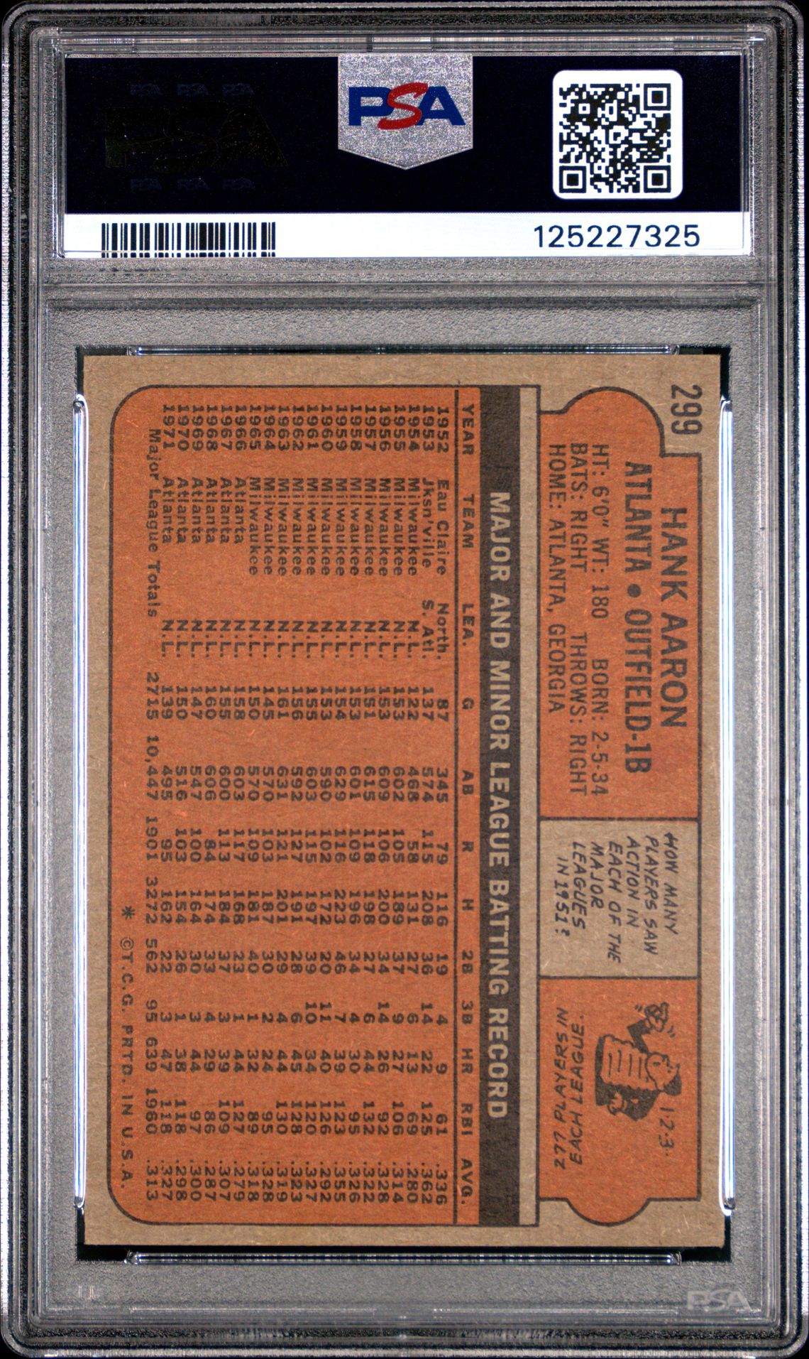 1972 Topps Hank Aaron #299 Ex 5 back