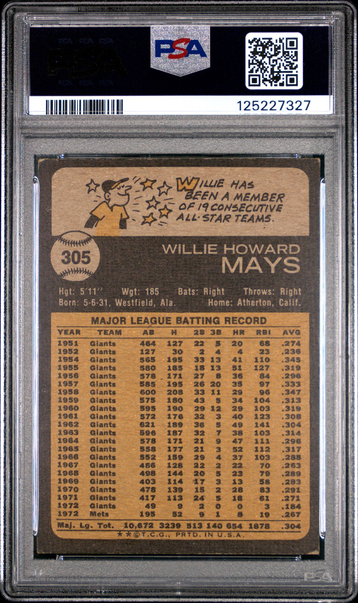 1973 Topps Willie Mays #305 Ex 5 back