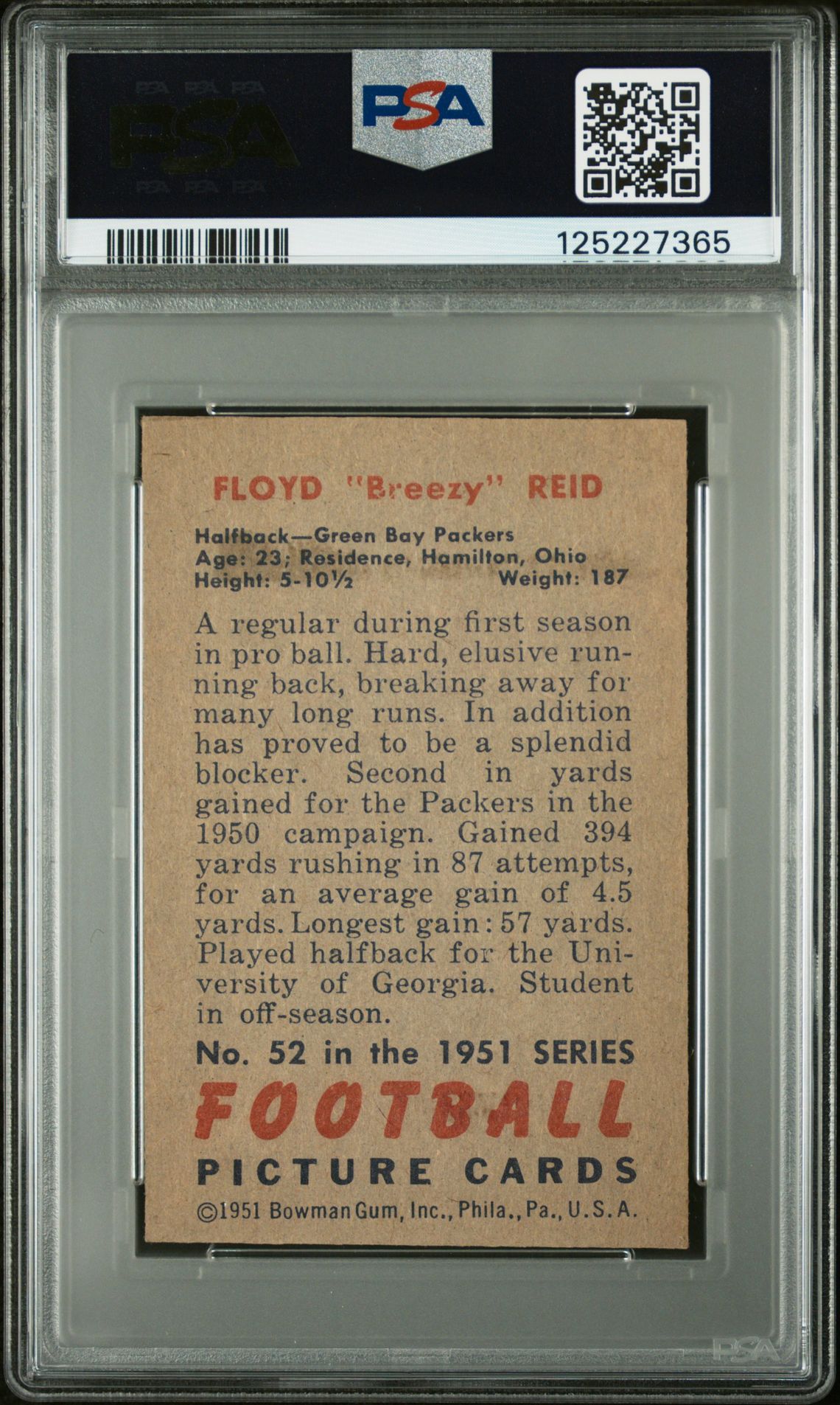 1951 Bowman Floyd Reid #52 Ex-Mt 6 back