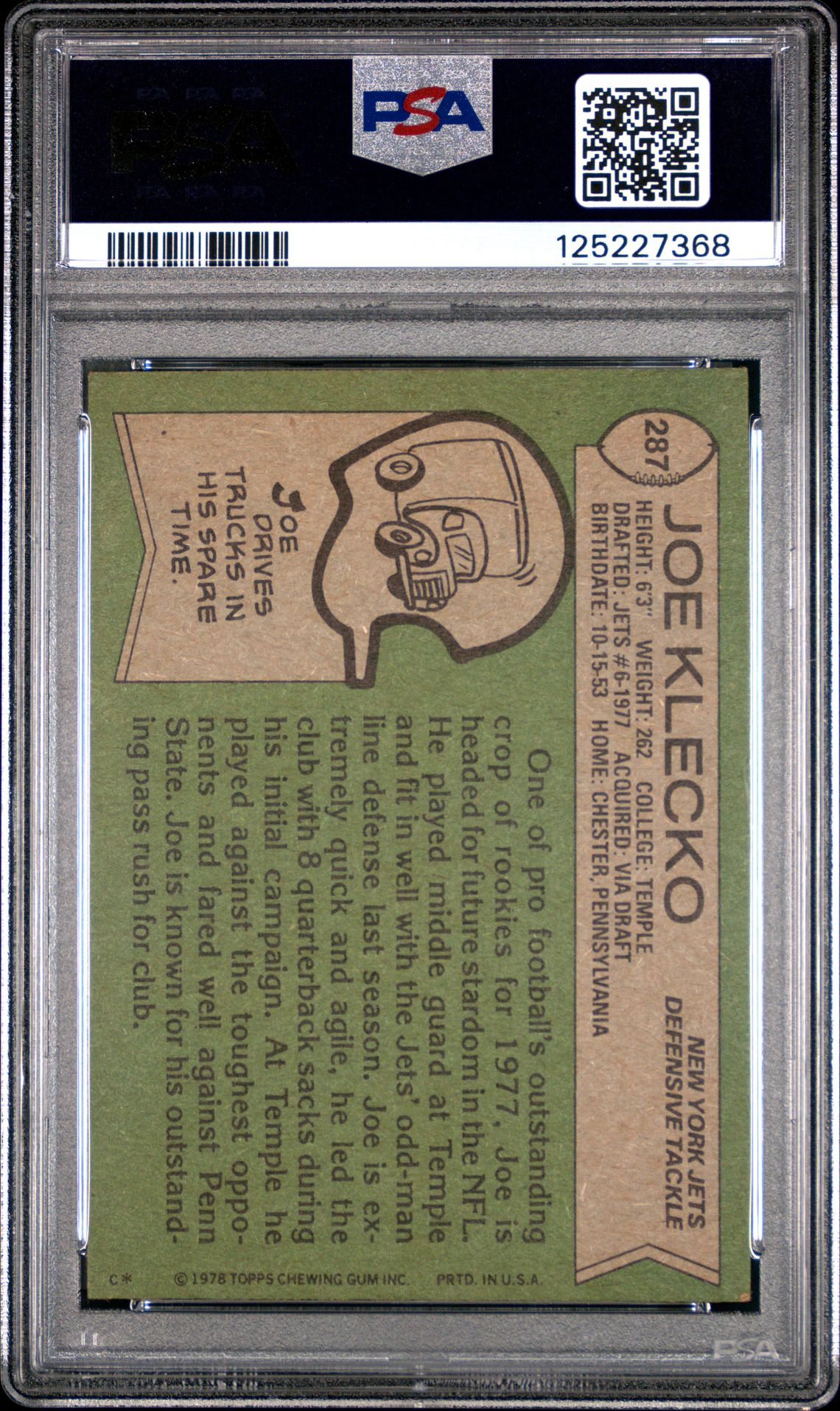 1978 Topps Joe Klecko #287 Ex 5 back