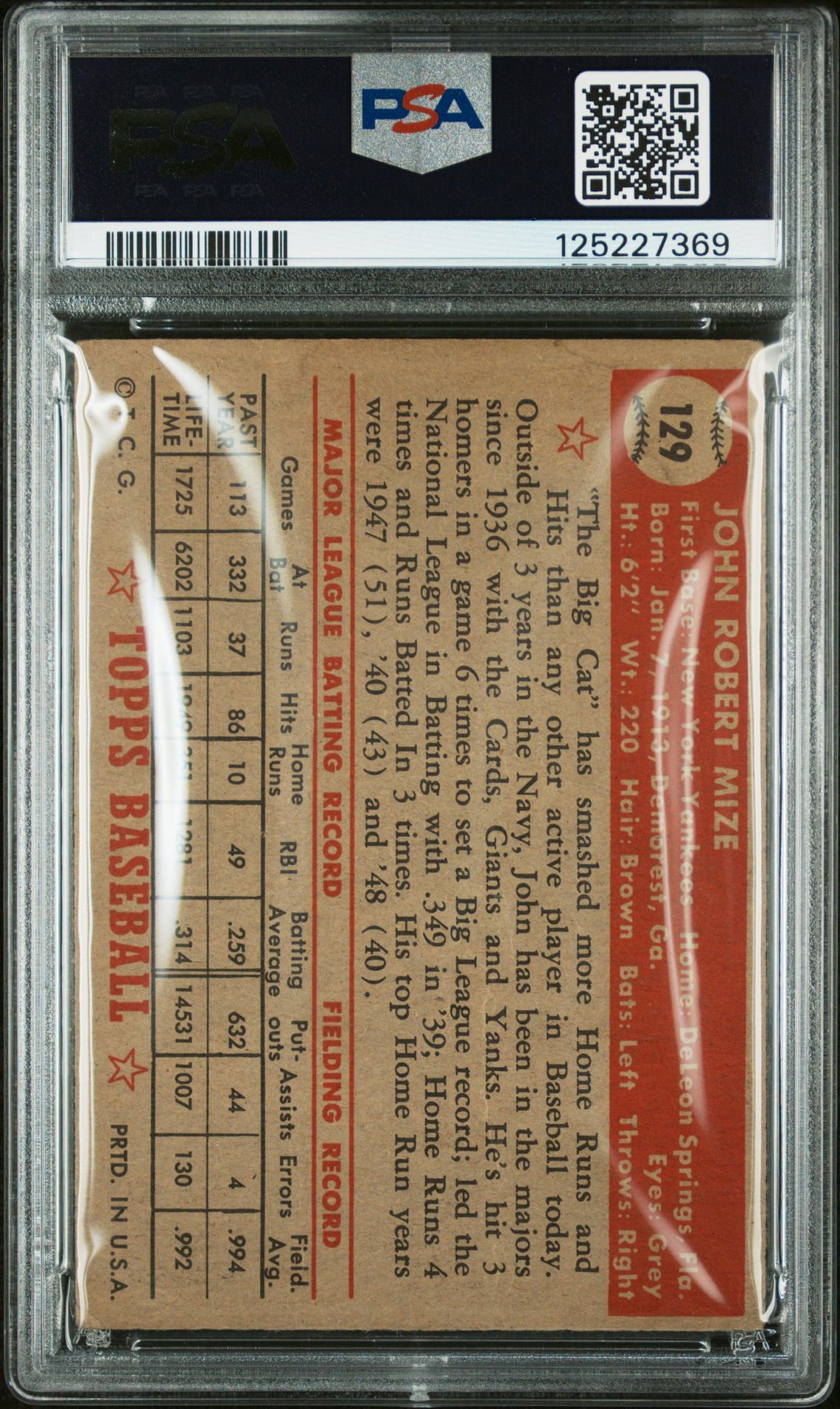 1952 Topps Johnny Mize #129 Pr 1 back