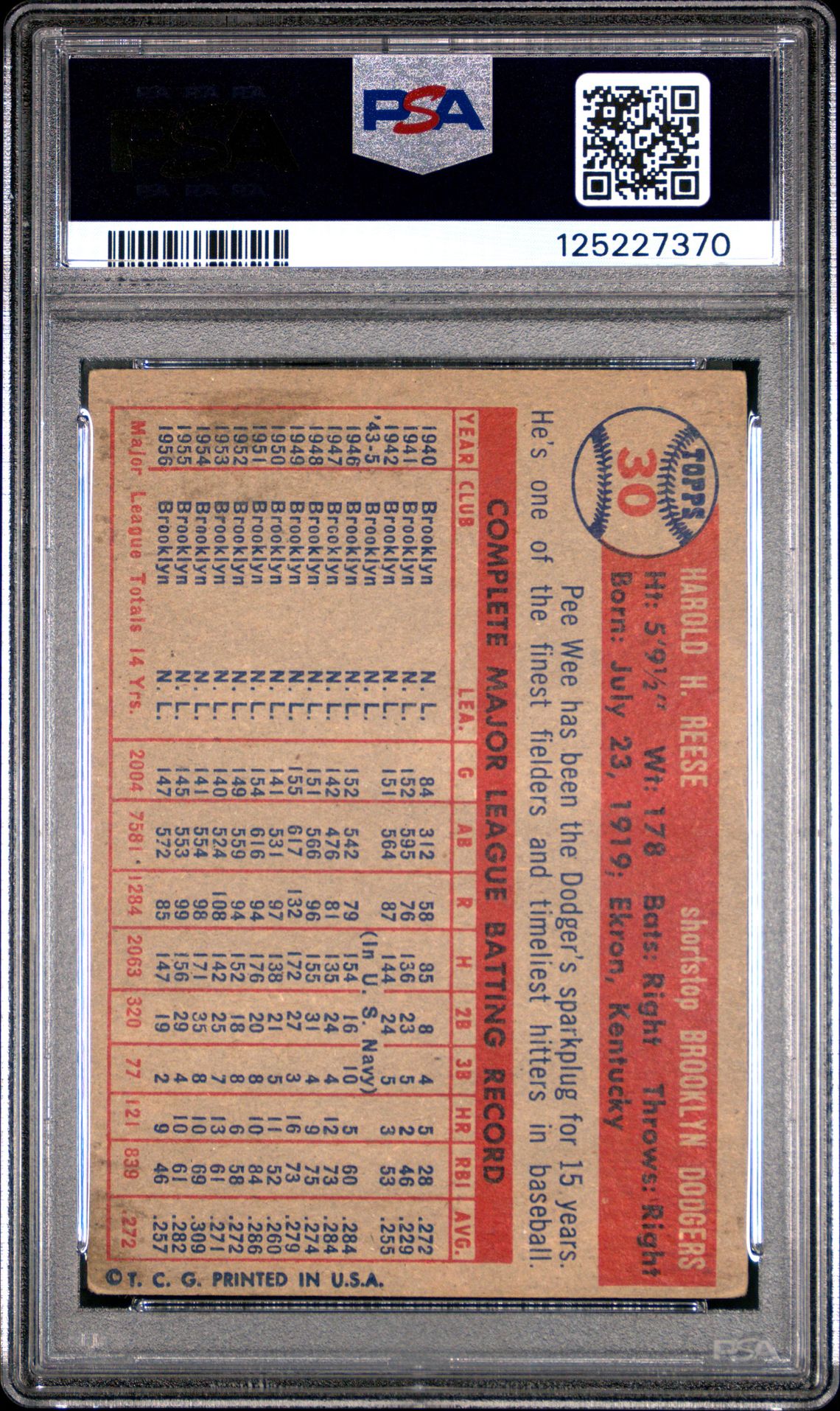1957 Topps Pee Wee Reese #30 Vg 3 back