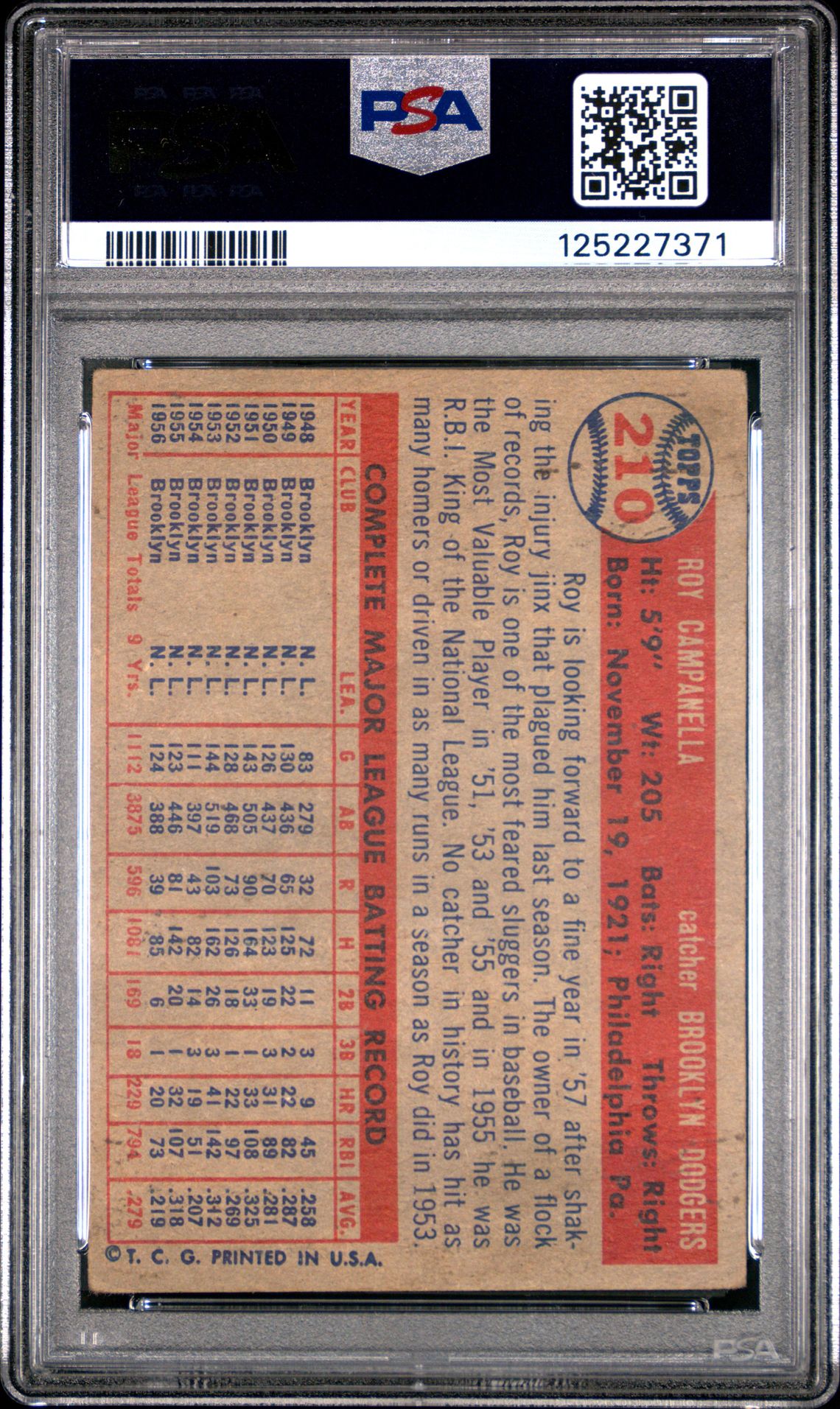 1957 Topps Roy Campanella #210 Vg 3 back