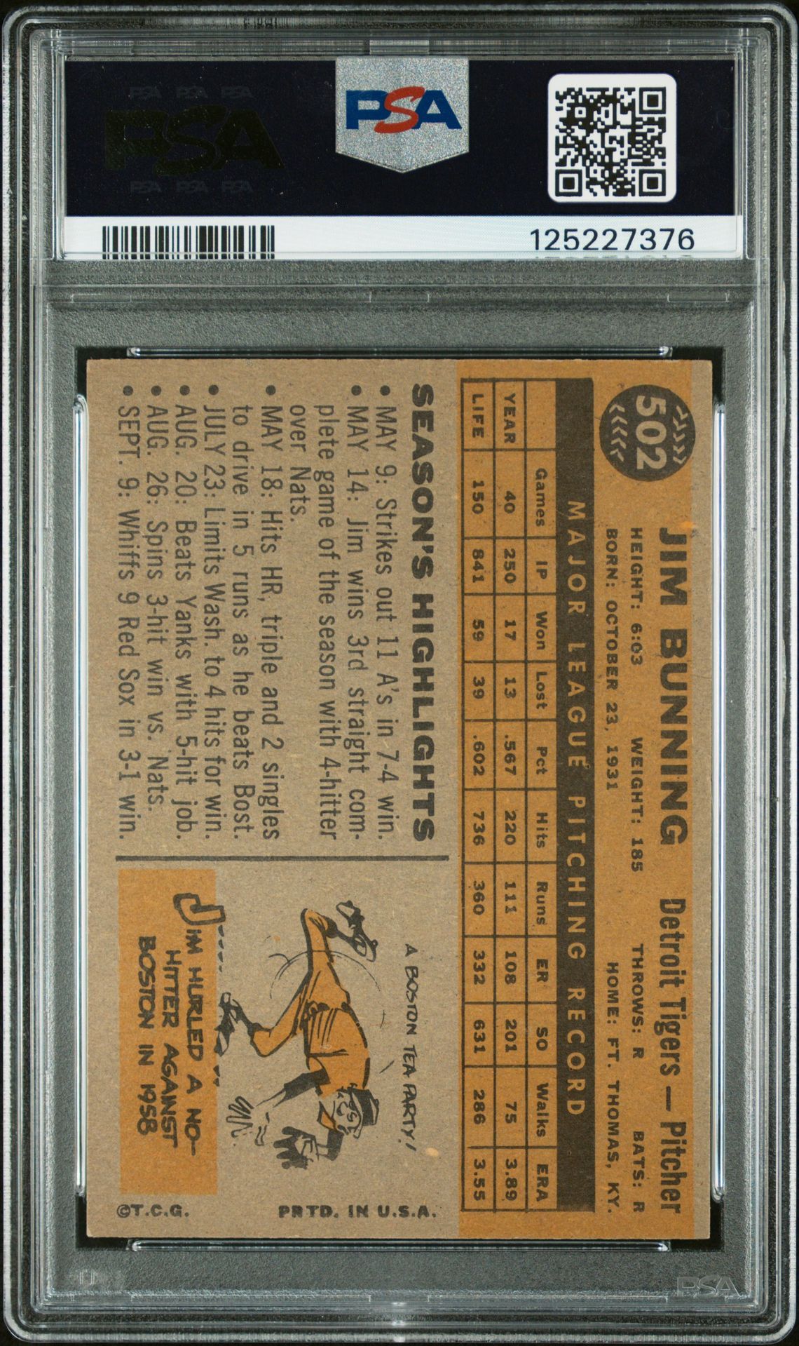 1960 Topps Jim Bunning #502 Ex 5 back
