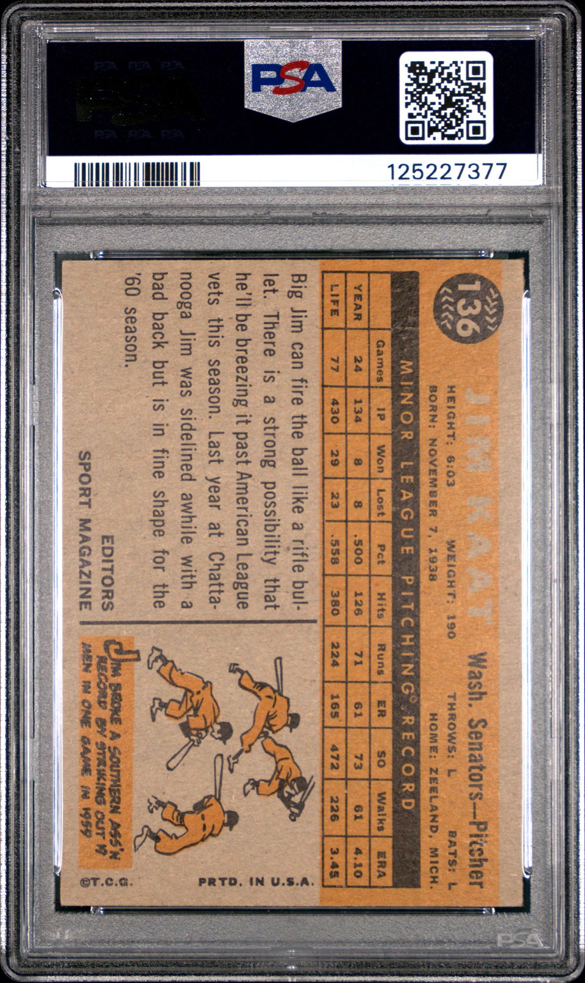 1960 Topps Jim Kaat #136 (Rookie Star) Vg-Ex 4 back