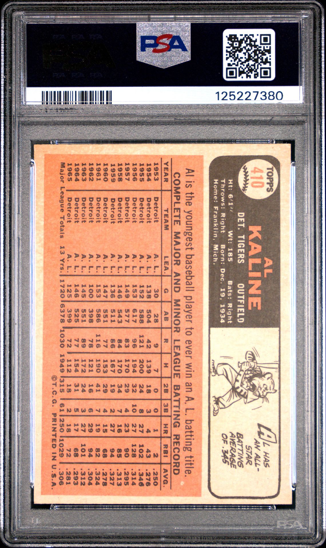 1966 Topps Al Kaline #410 Ex-Mt 6 back