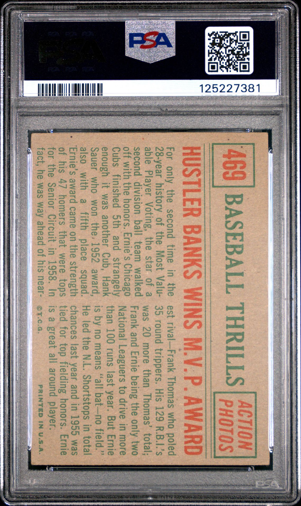 1959 Topps Hustler Banks Wins #469 (M.v.p. Award) Vg-Ex 4 back