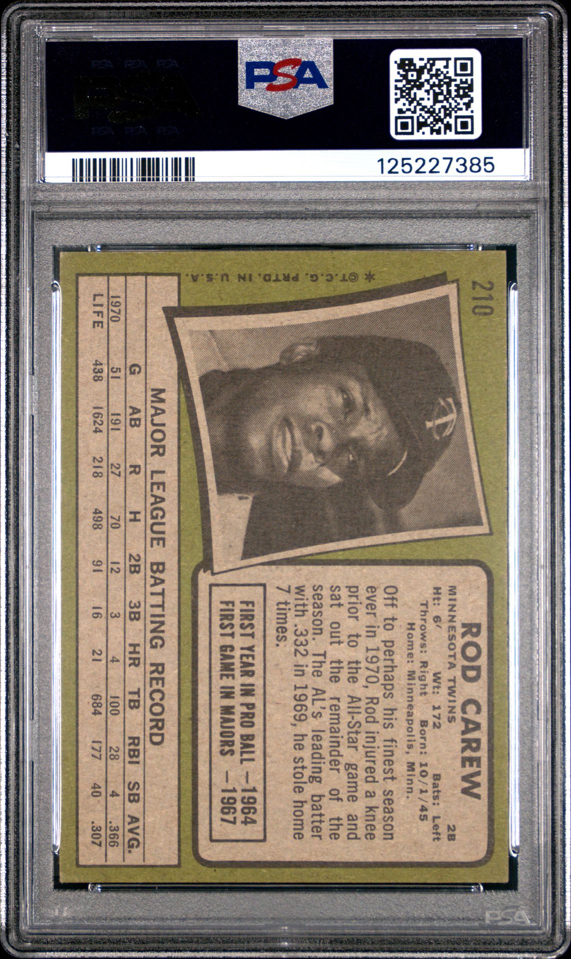 1971 Topps Rod Carew #210 Vg-Ex 4 back
