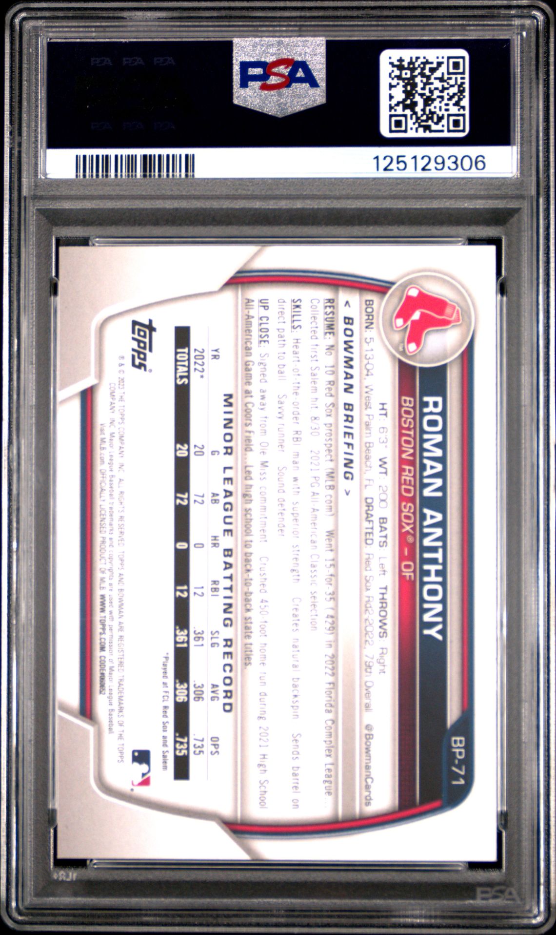 2023 Bowman Paper Prospects Roman Anthony #Bp71 (Paper Prospects) Gem Mt 10 back