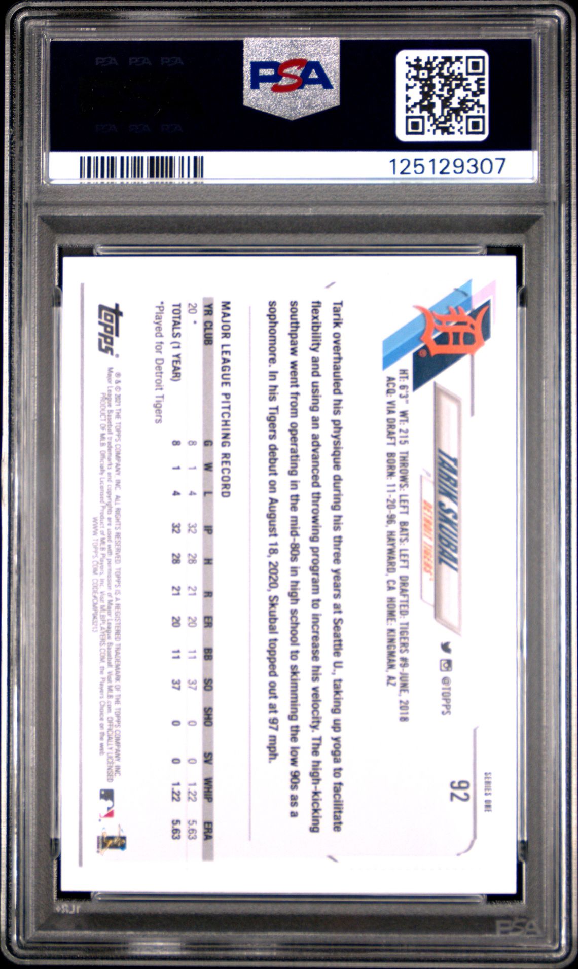 2021 Topps Tarik Skubal #92 Gem Mt 10 back