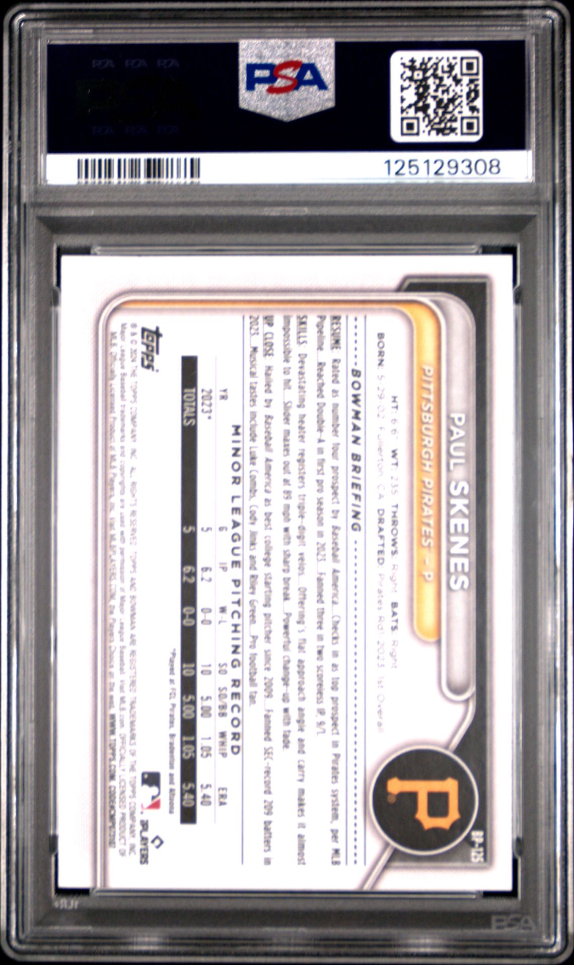 2024 Bowman Paper Prospects Paul Skenes #Bp125 Mint 9 back