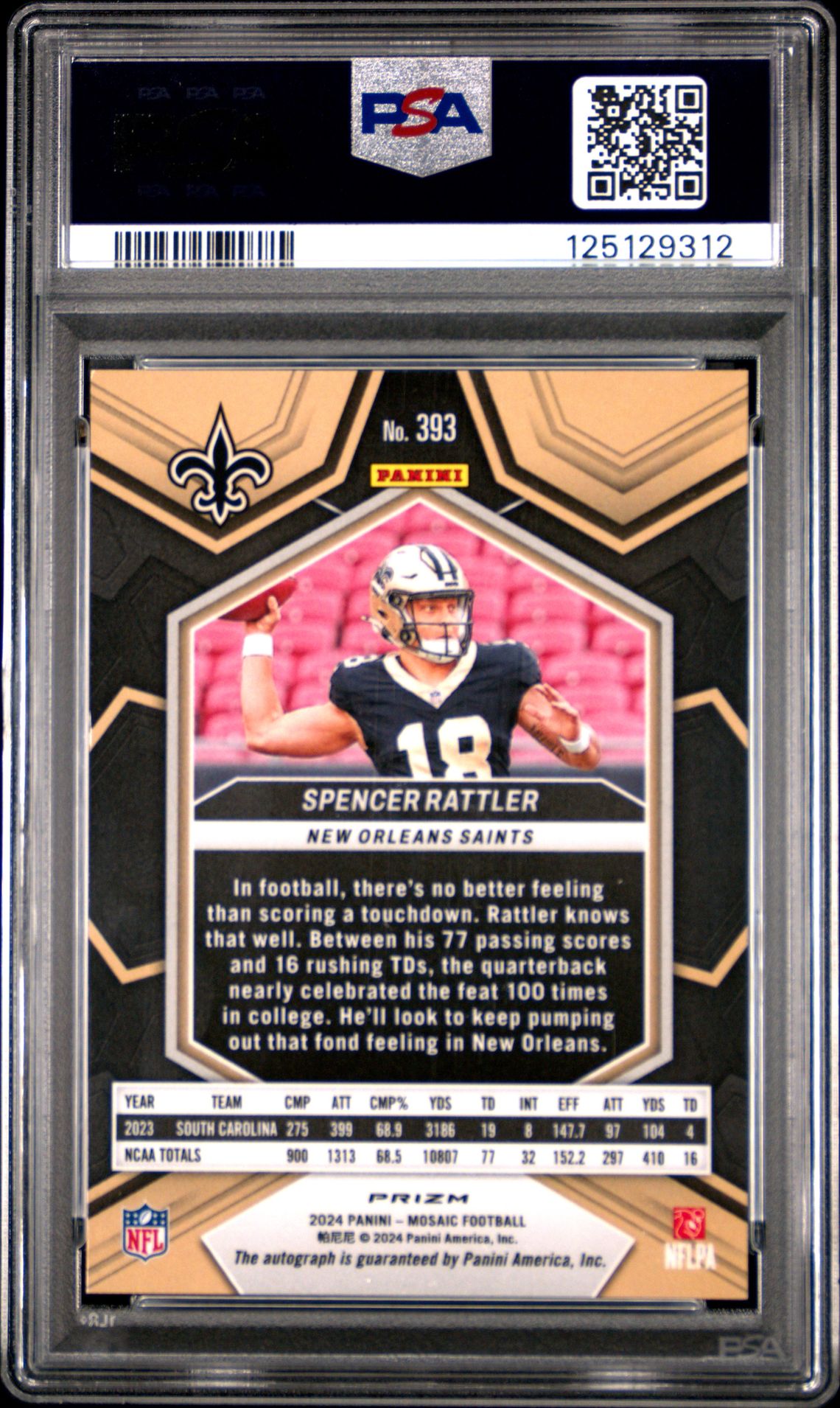 2024 Panini Mosaic Spencer Rattler #393 (Autograph) Gem Mt 10 back