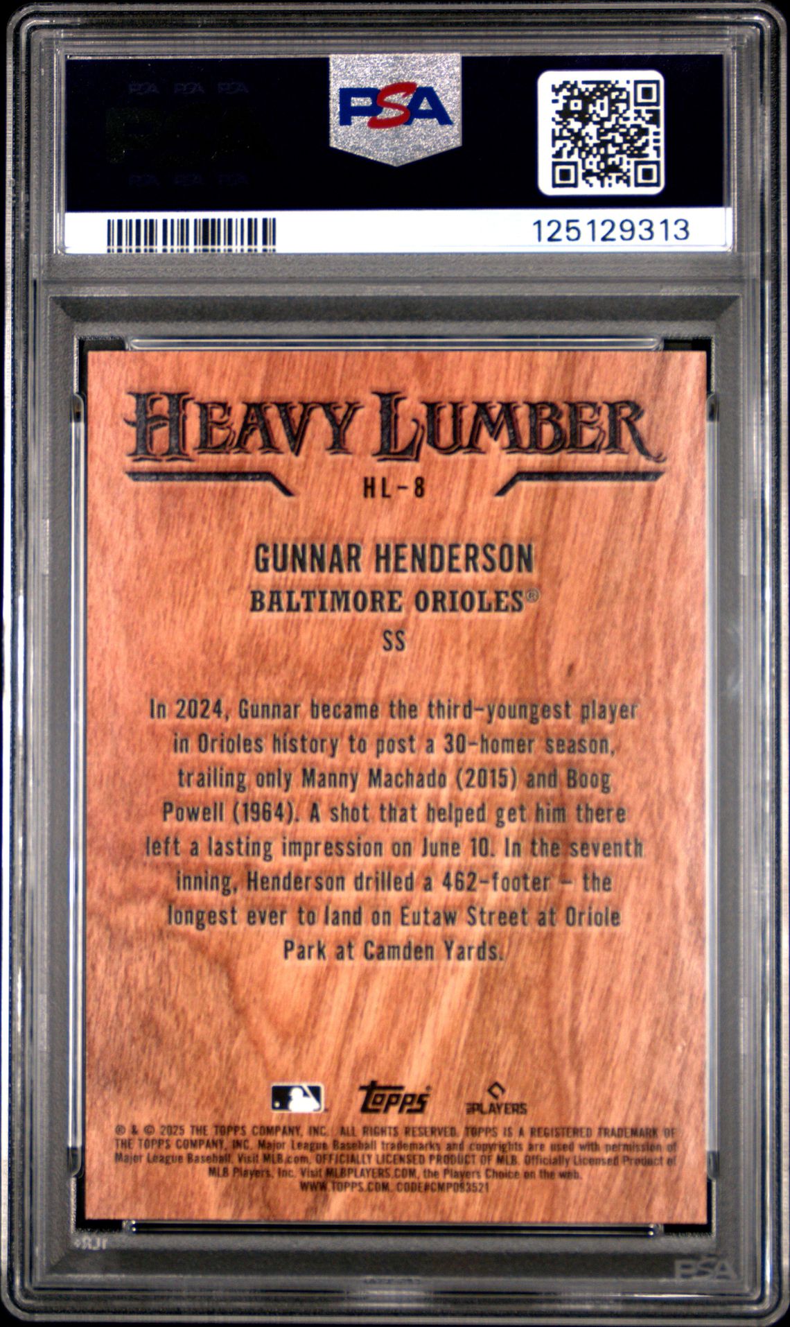 2025 Topps Heavy Lumber Gunnar Henderson #Hl8 Gem Mt 10 back