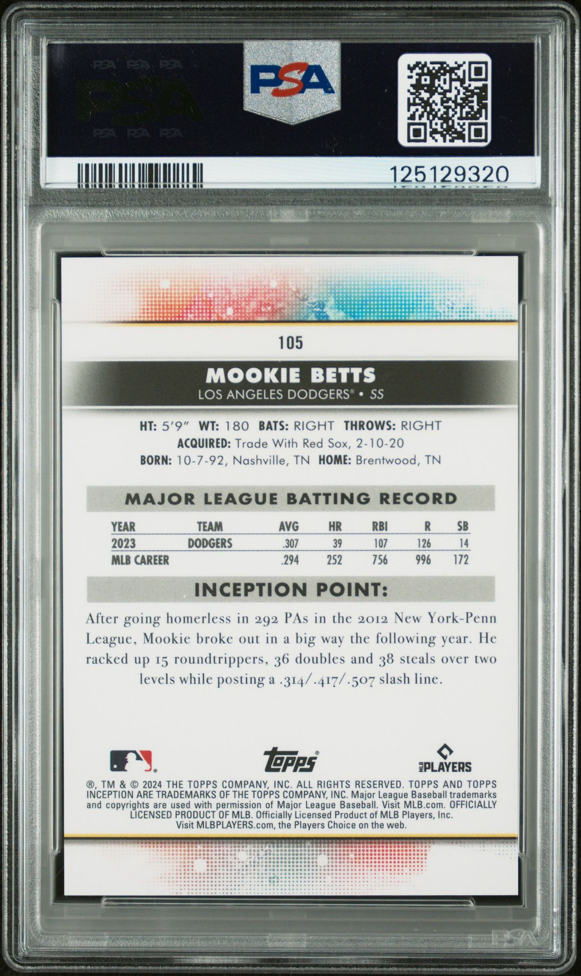 2024 Topps Inception Mookie Betts #105 Gem Mt 10 back